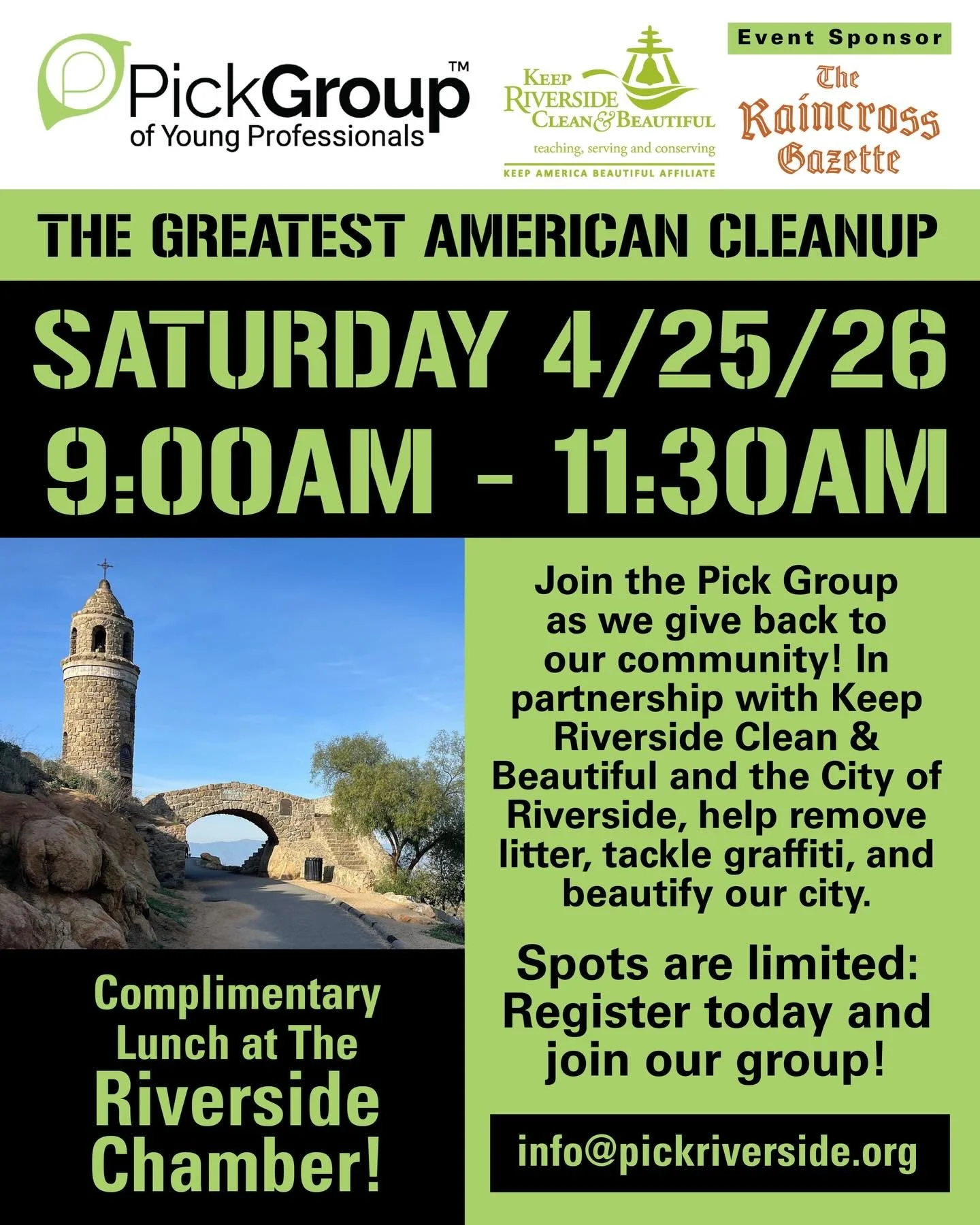 Join Pick Group for the Greatest American Cleanup!&nbsp;

In partnership with @keepriversidecleanandbeautiful and @cityofriverside we&rsquo;re coming together to help Riverside shine!

Special thanks to our event sponsor, @theraincrossgazette 

April