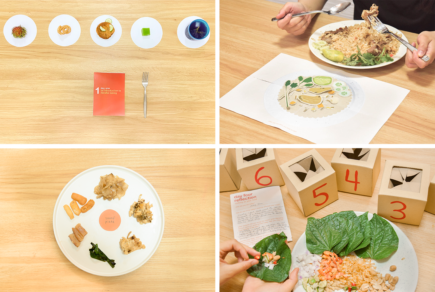  Top left: a set up of Day 1, An Introduction to Mindful Eating. Top right: Activity on Day 2, Let’s Take a Look. Bottom left: Sound Plate used on Day 3. Bottom right: Mock up of boxes containing ingredients for participants to touch, along with the 