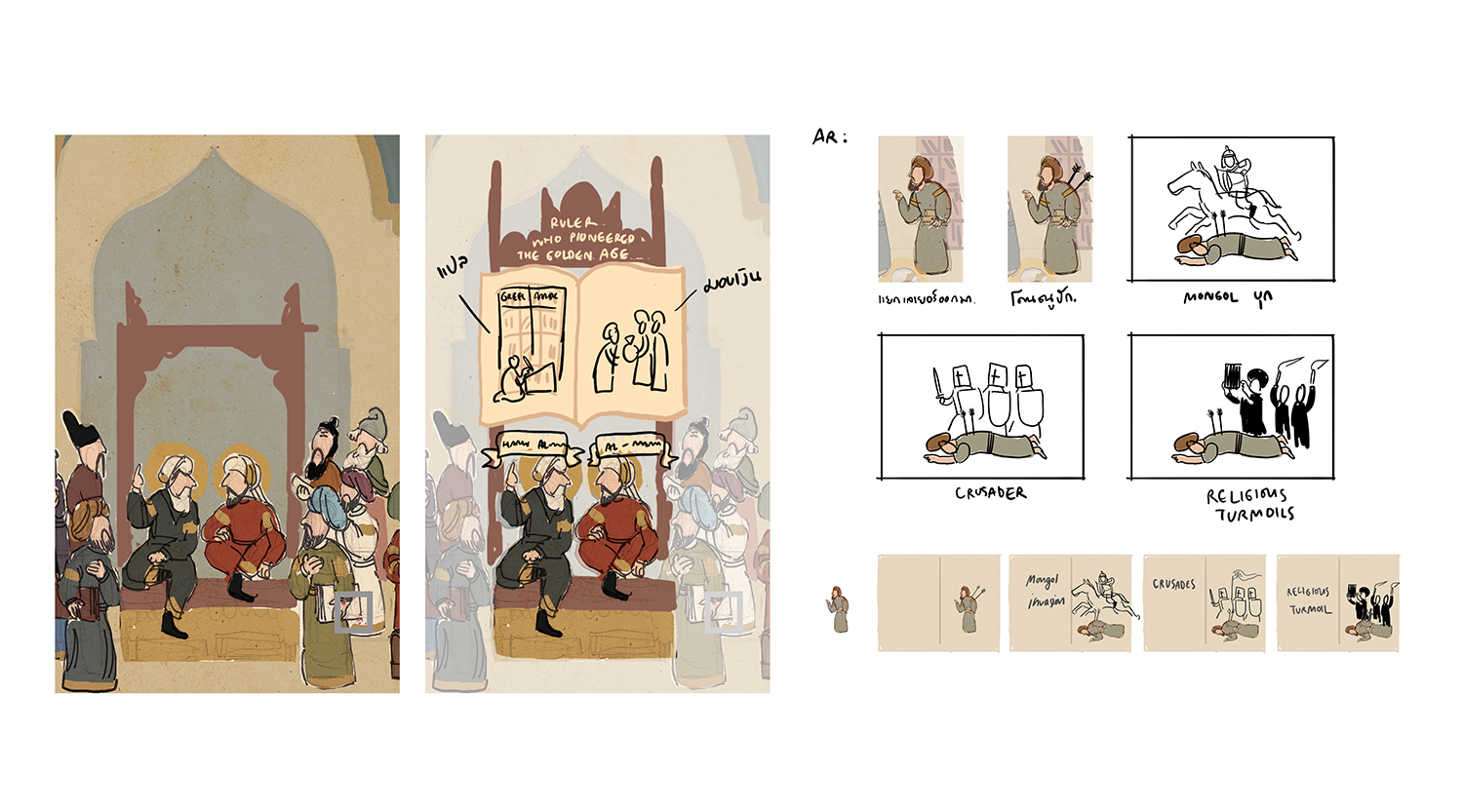  Animation storyboard for the beginning of the golden age (Left) and the end of the golden age (Right) 