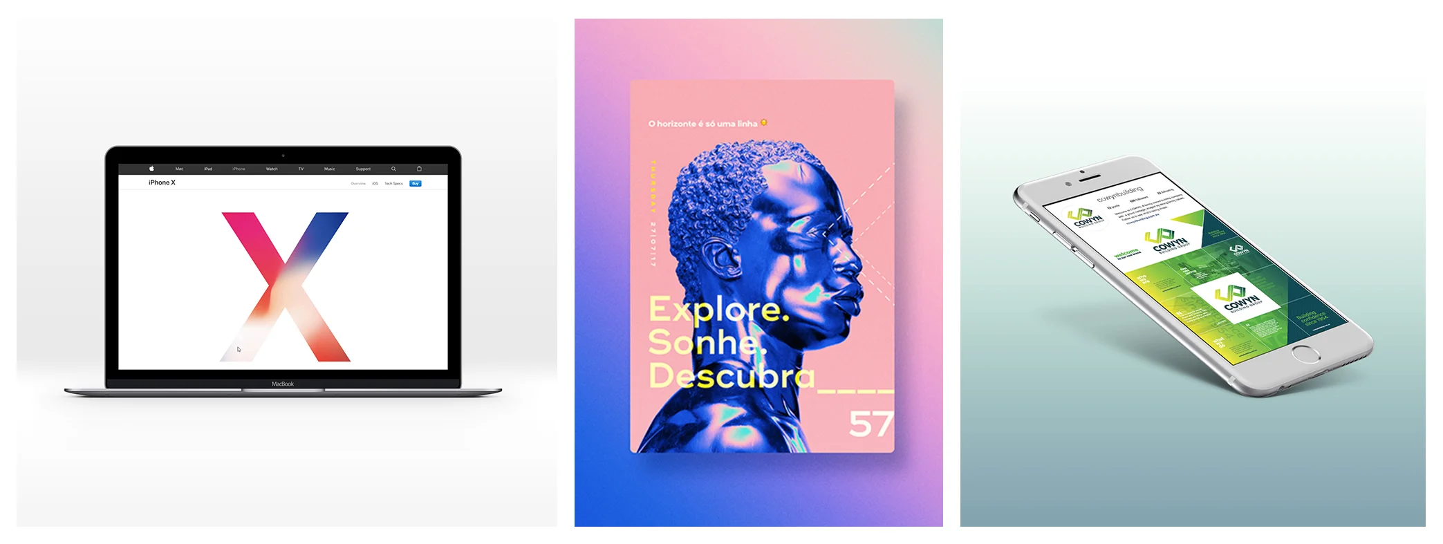 Image credit: iPhone X landing page / Bruno Pego poster / Cowyn Building Group branding