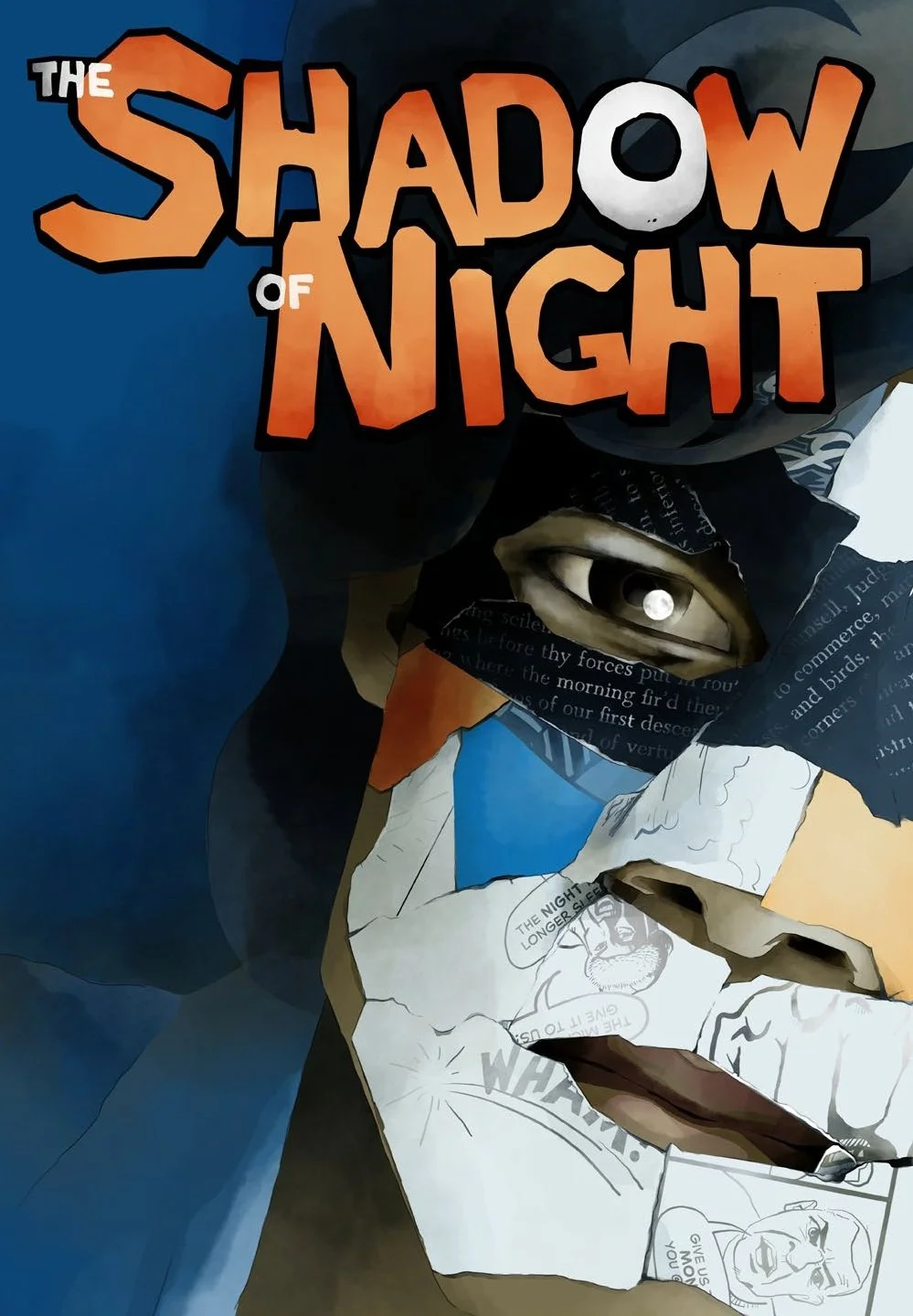 Cover illustration of The Shadow of Night comic book by Emmet O'Cuana and Lynore Avery. A man wearing a papier mache mask of comic panels and prose.
