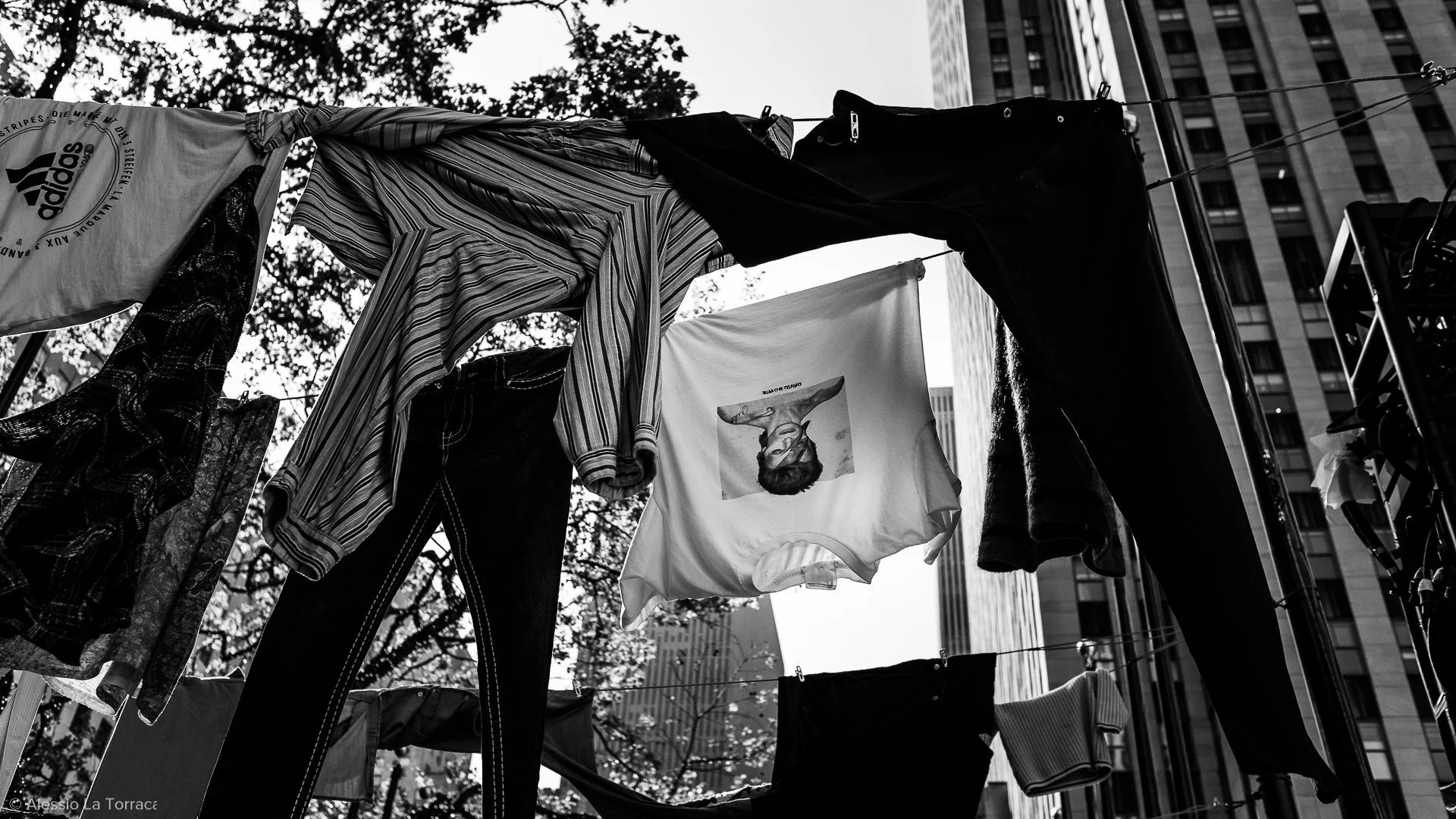 Clothes hanging on a clothesline with tall buildings and a tree in the background, in black and white.