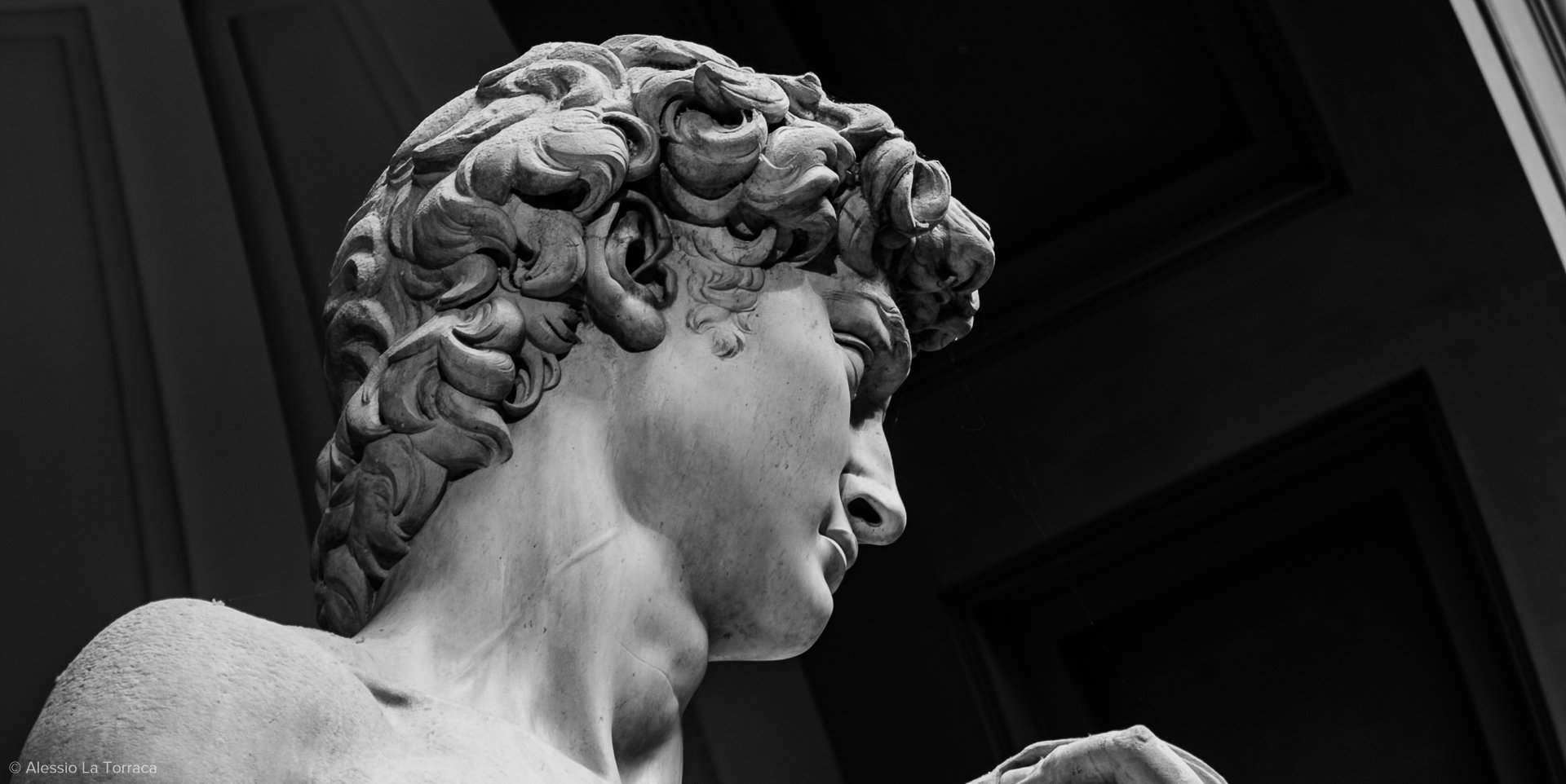 Close-up side view of a classical marble sculpture of a male figure with curly hair, shown in black and white.