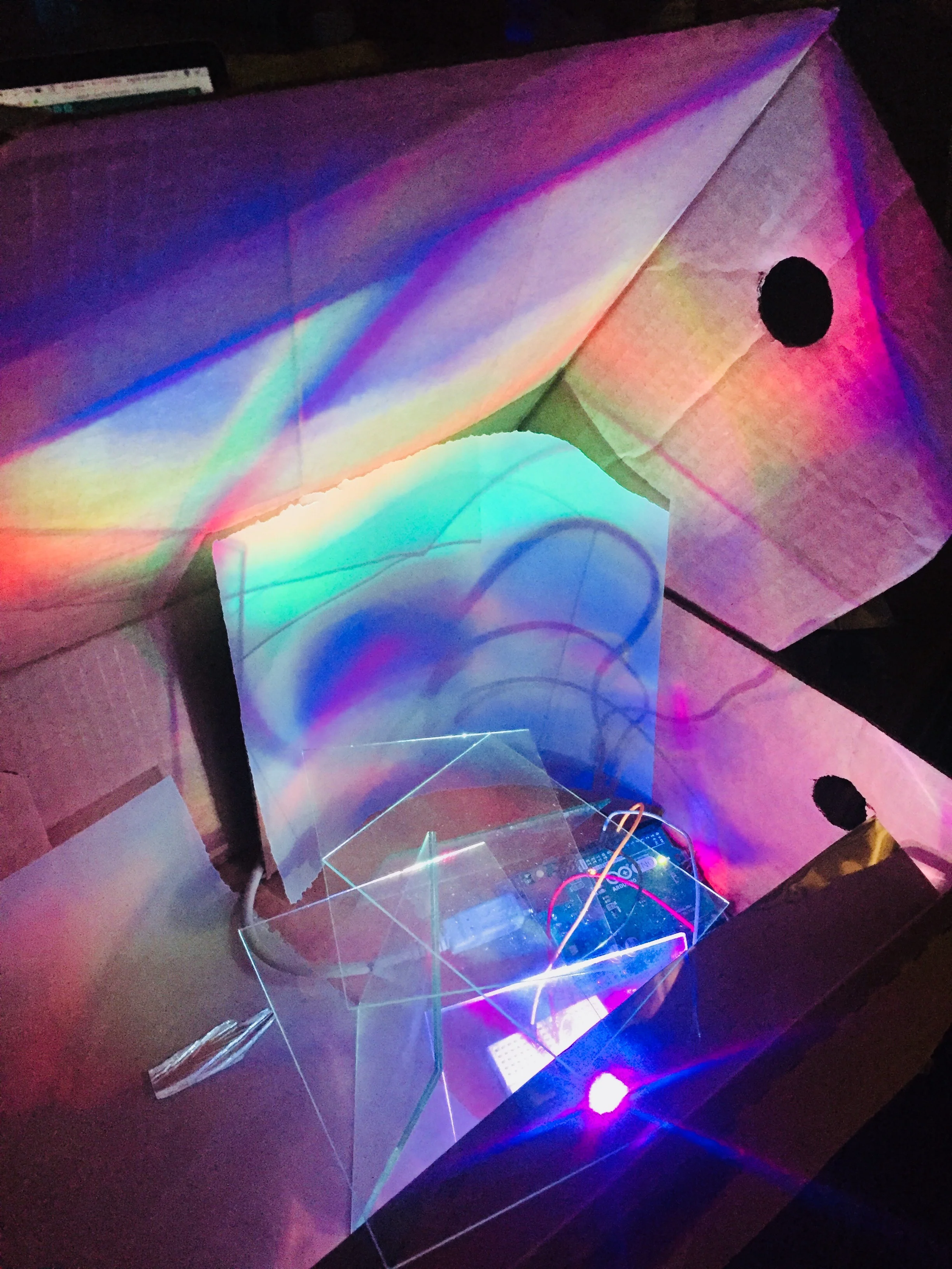 Shoebox Experiment - Mirrors, Vellum, Reflective Film, Glass, Arduino, and an RGB LED
