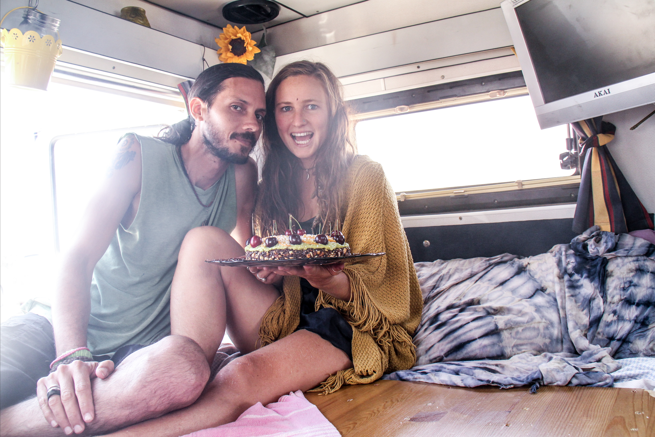 Alejandro and I with a vegan raw cake we made in the van, sugar free, gluten free, and full of love. We shared this at the beach were we were staying with the van, tring to promote a positive vegan message. Contact us for recipe of cake or ideas on how to share the vegan message XX