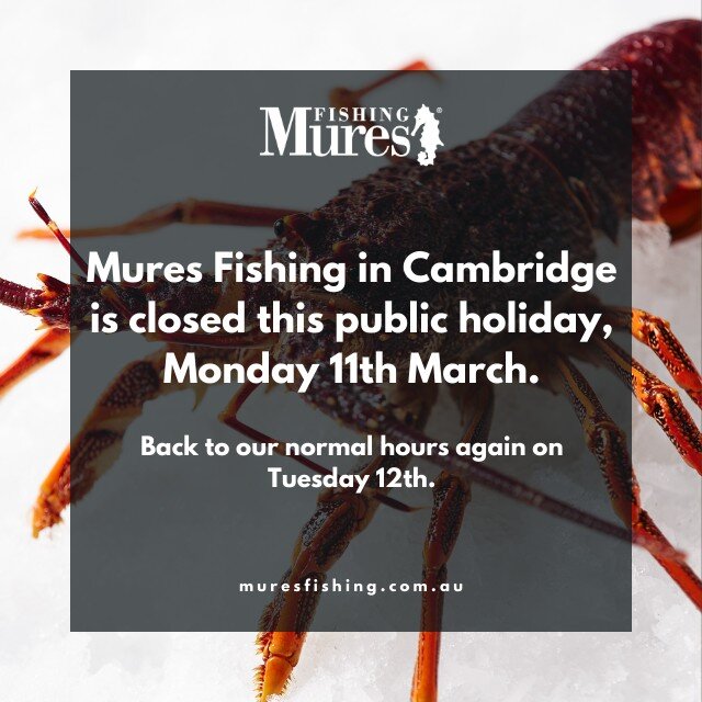 Our Cambridge factory and outlet will be closed for the Public Holiday tomorrow, but Mures Fishmongers at Victoria Dock in Hobart will be open all long weekend.
.
We&rsquo;ll see you again at our regular hours on Tuesday the 12th!
.
#MuresFishing #op