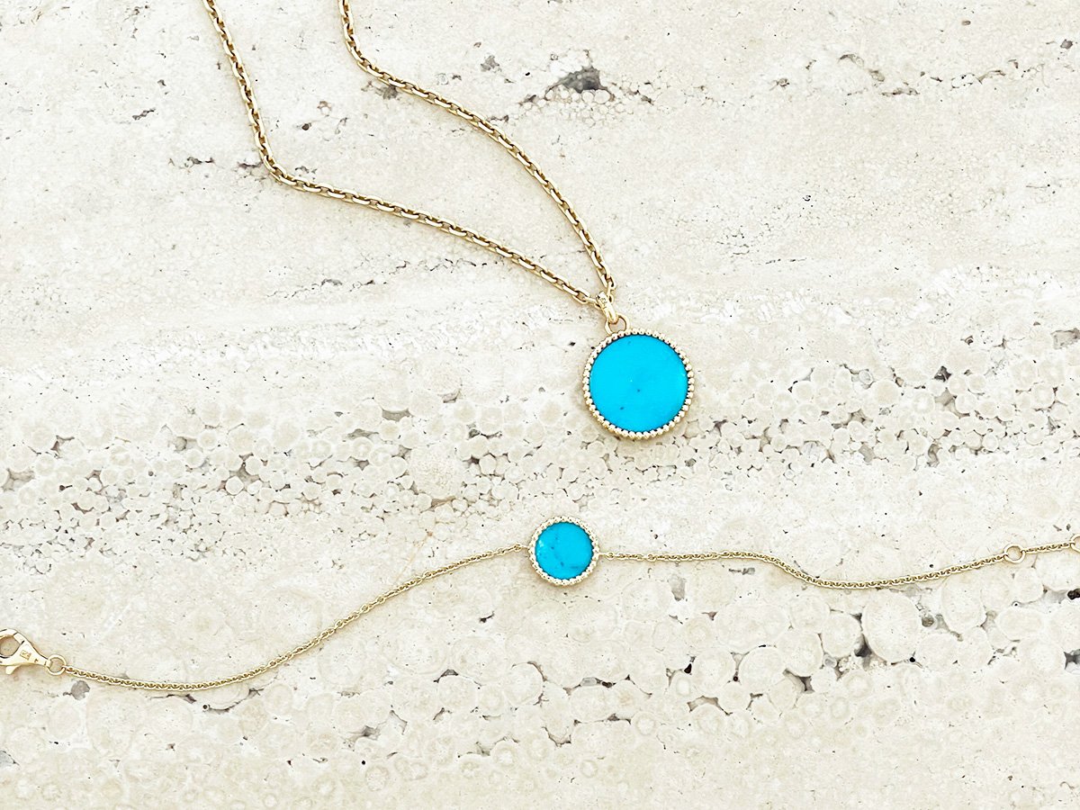 Necklace and bracelet in turquoise and 18K yellow gold