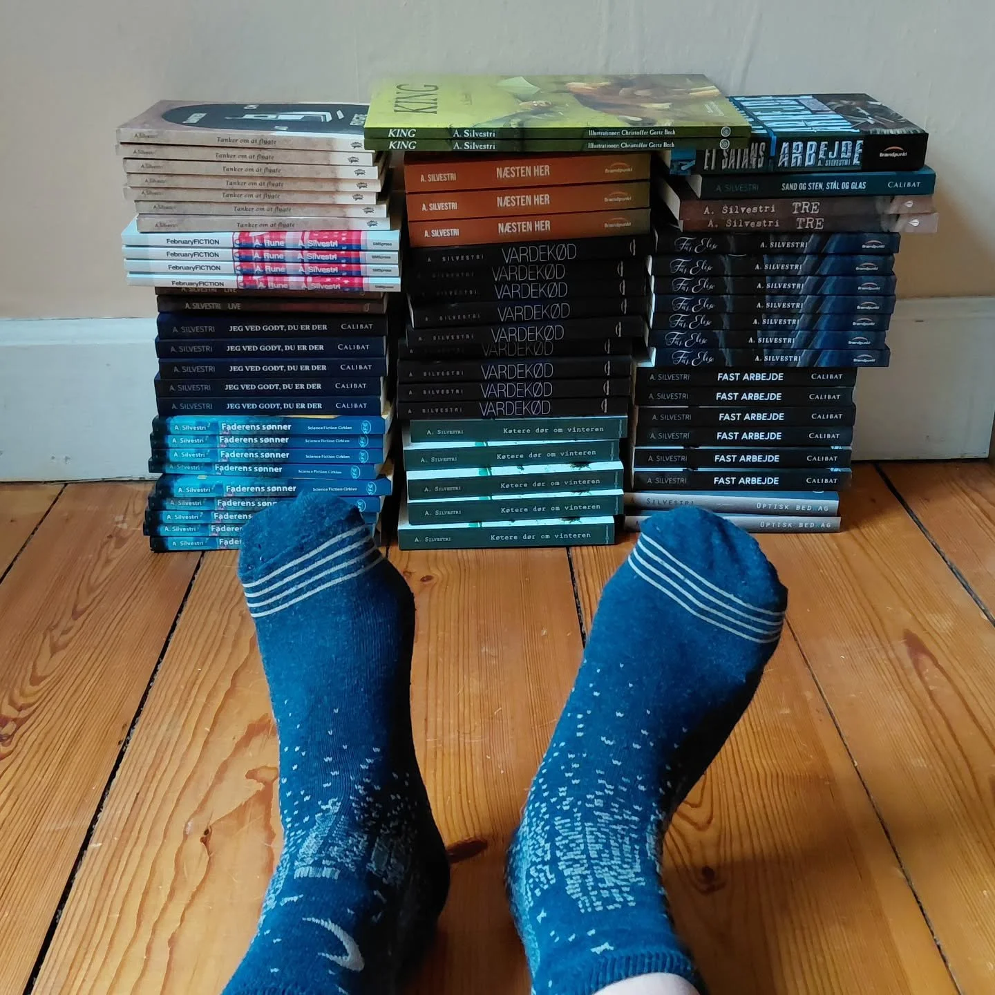 Der i de tre bunker, stabler, stakke gemmer der sig h&aelig;der. Den sniger sig gennem ordbygningerne, munden let &aring;ben, blikket som det man ser i en chokeret radioastronoms &oslash;jne.

Fem af b&oslash;gerne er prisvindere. Yderligere to var e