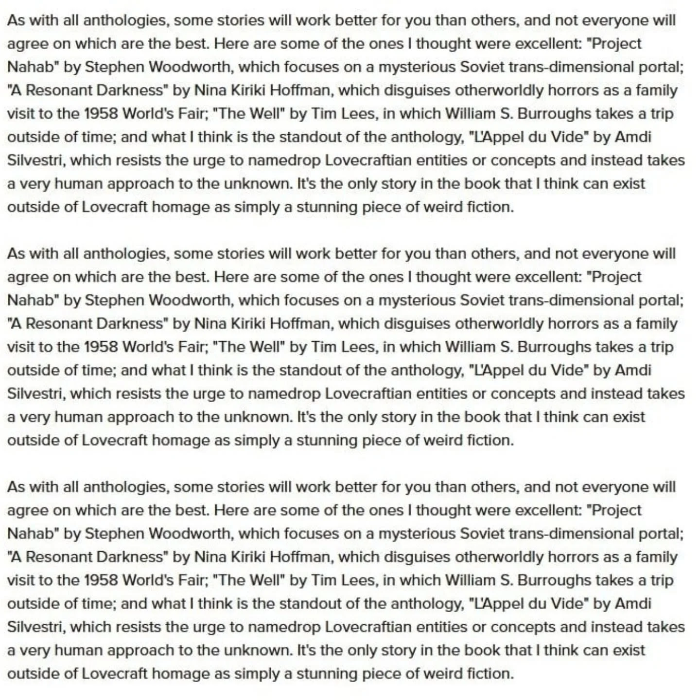 For nogle m&aring;neder siden medvirkede jeg i antologien Cold War Cthulhu med novellen L'appel du vide. I dag opdagede jeg en anmeldelse, hvor ordene om mit bidrag gjorde mig helt r&oslash;rt 🙂

Jeg vidste slet ikke hvor meget brug jeg havde for at