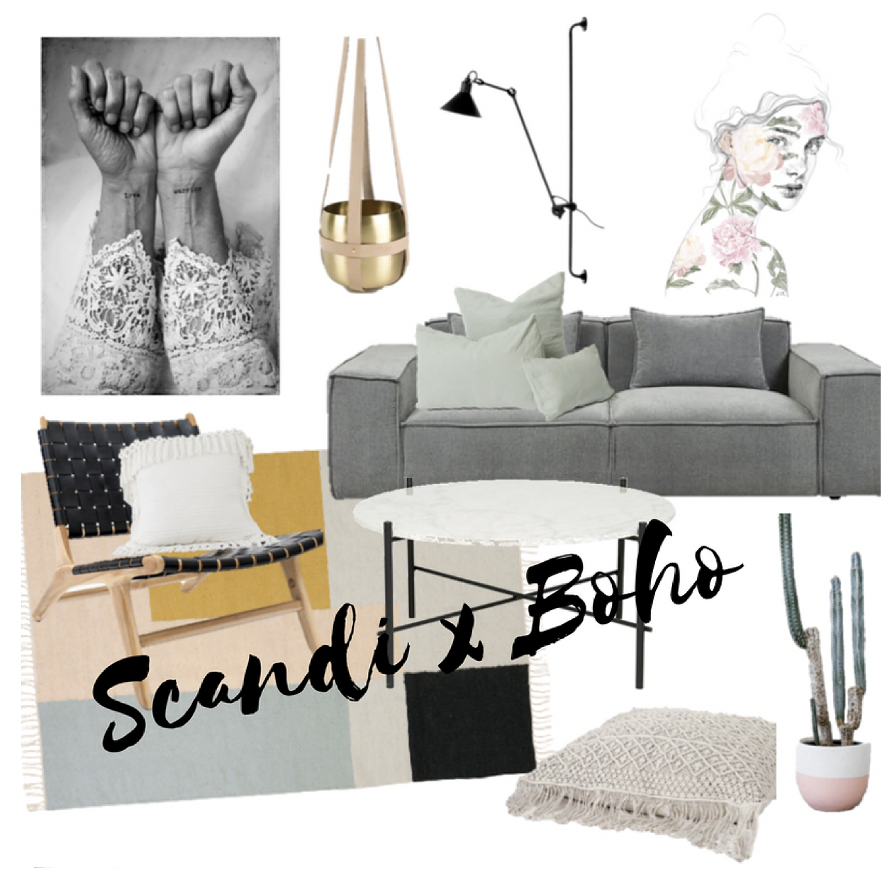 Product Links: Love Warriors Dogma Print / Leather Hanger Nude with Brass Pot / La Lampe Gras No. 214 - Curious Grace / Botanical #1 - Jenny Liz Rome / Felix Block 3 Seater Grey Mist / Les Minis Linen Cushions Sage / Tanner Polished Black - Barnaby Lane / Charvi's Sisters Cushion - Losari / Kelim Rug Squares - Ferm Living / Elle Pipe Coffee Table / Kaylana Macrame Cushion / Dip Pot in Peach - Pop & Scott 