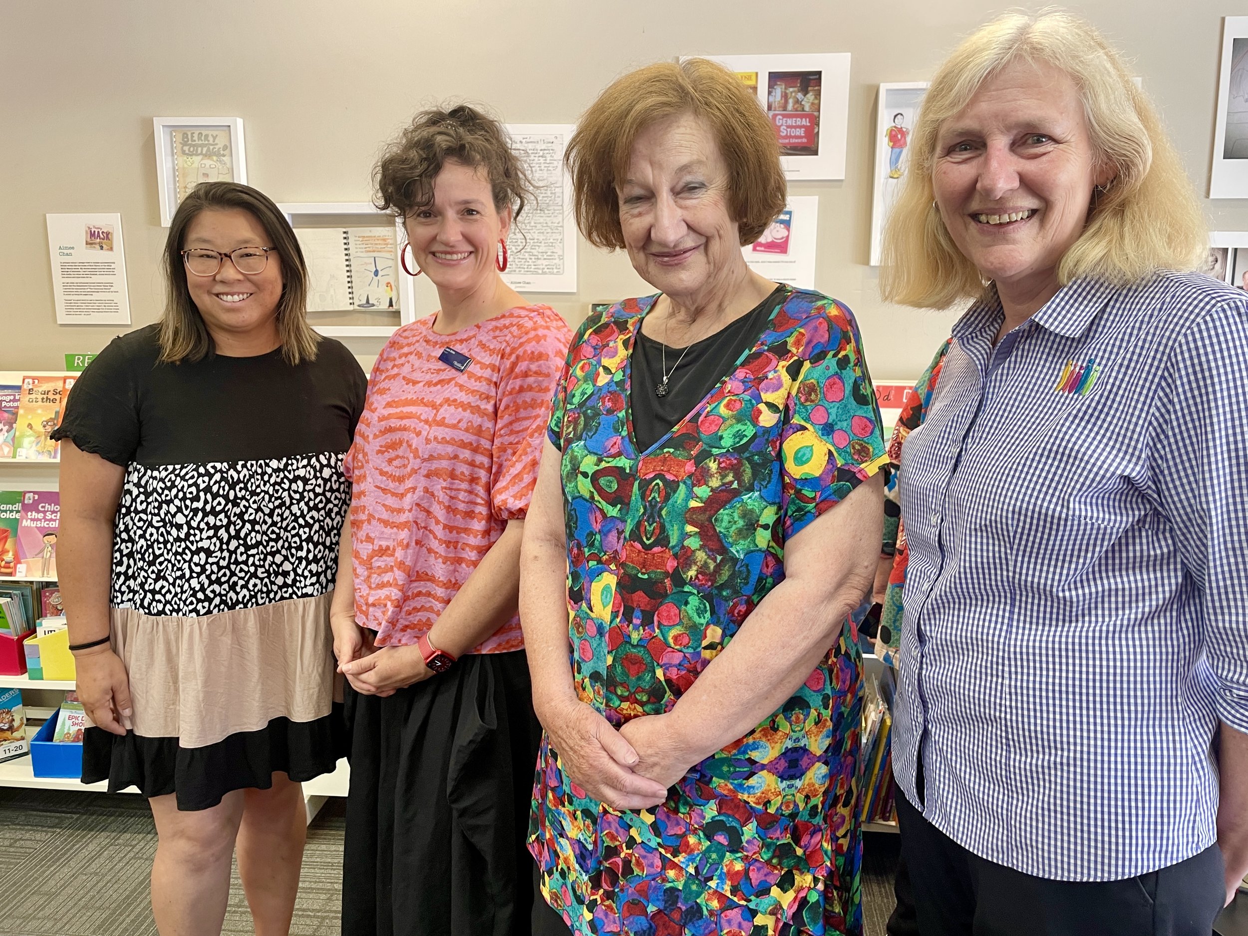  Aimee Chan at the launch of Juvenilia at Euroa Library with author Hazel Edwards OAM, Mayor Cr Laura Binks and library staff in February 2023 