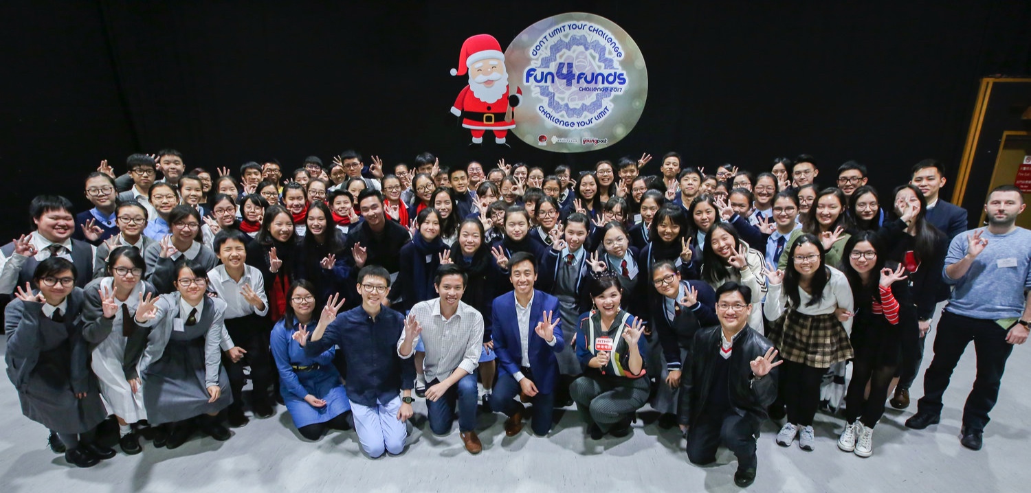 Group picture with all participants and the judges (Gary Liu, CEO of South China Morning Post and a Foundation Board Director, front 3rd right; Joseph Wan, Founder & President Joseph Wan, front 2nd left; Vice President, Community Development Alex Yu, front 1st left; and Alyson Hau, Host of TeenTime at RTHK, front 2nd right)