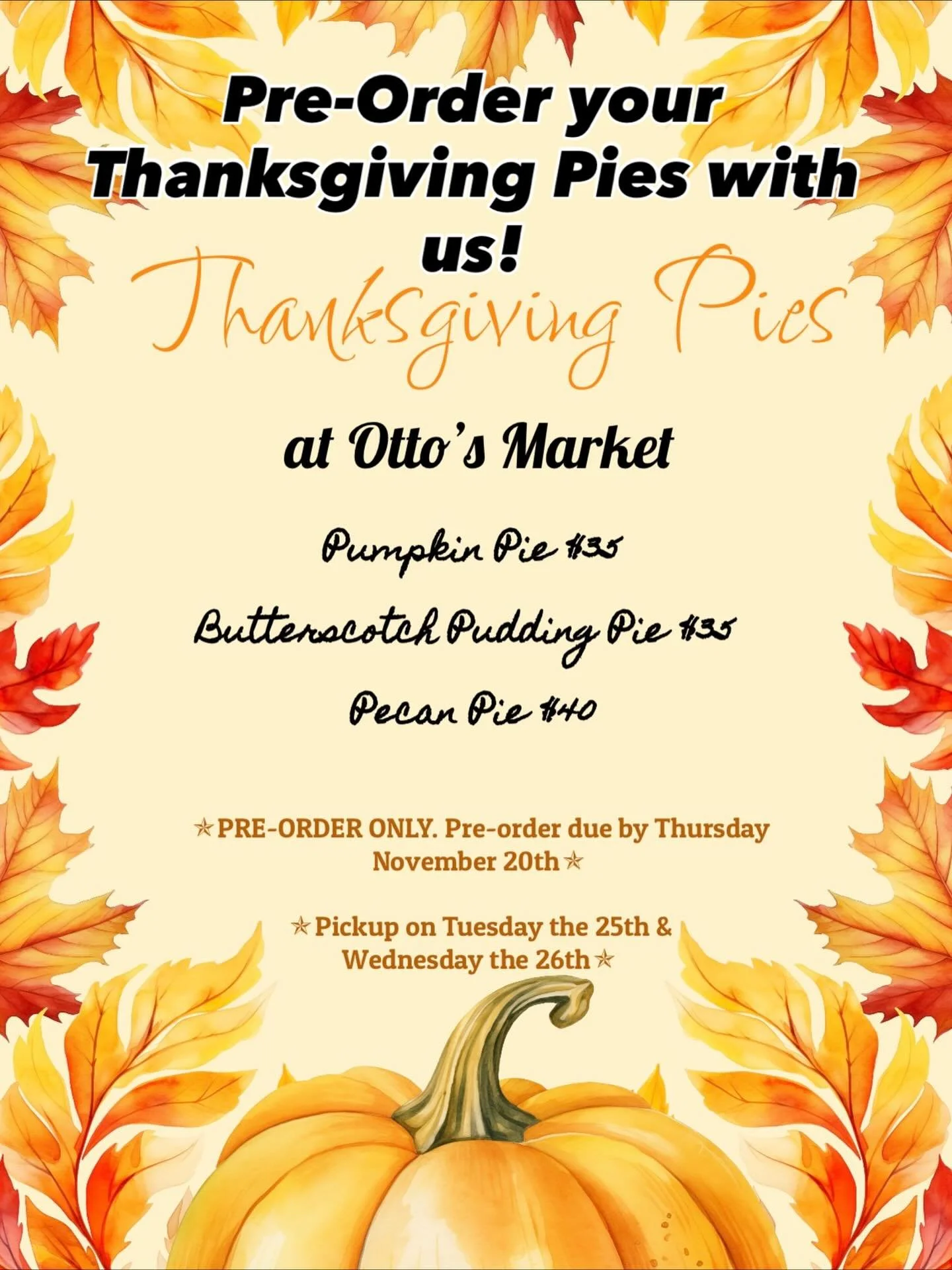 Pre-Order pies for Thanksgiving today! 

Pumpkin, Butterscotch, and Pecan Pie will be available for pick-up Thanksgiving week. 

Link to order form in Bio, or stop by and fill out a pre-order for in-store! 

#pies #thanksgiving #germantown #hudsonval