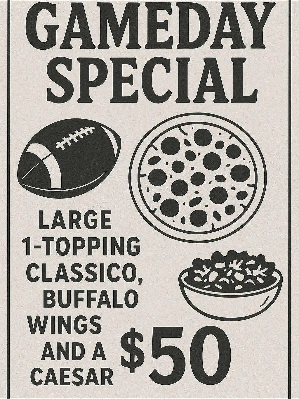 Thursday, Sunday, Monday&hellip;and any time there is a game worth watching, enjoy the GAMEDAY SPECIAL. #special

A large classic pie with a topping of your choice, a Caesar salad, and an order of 6 bone-in Buffalo wings all for $50. 

Starting today