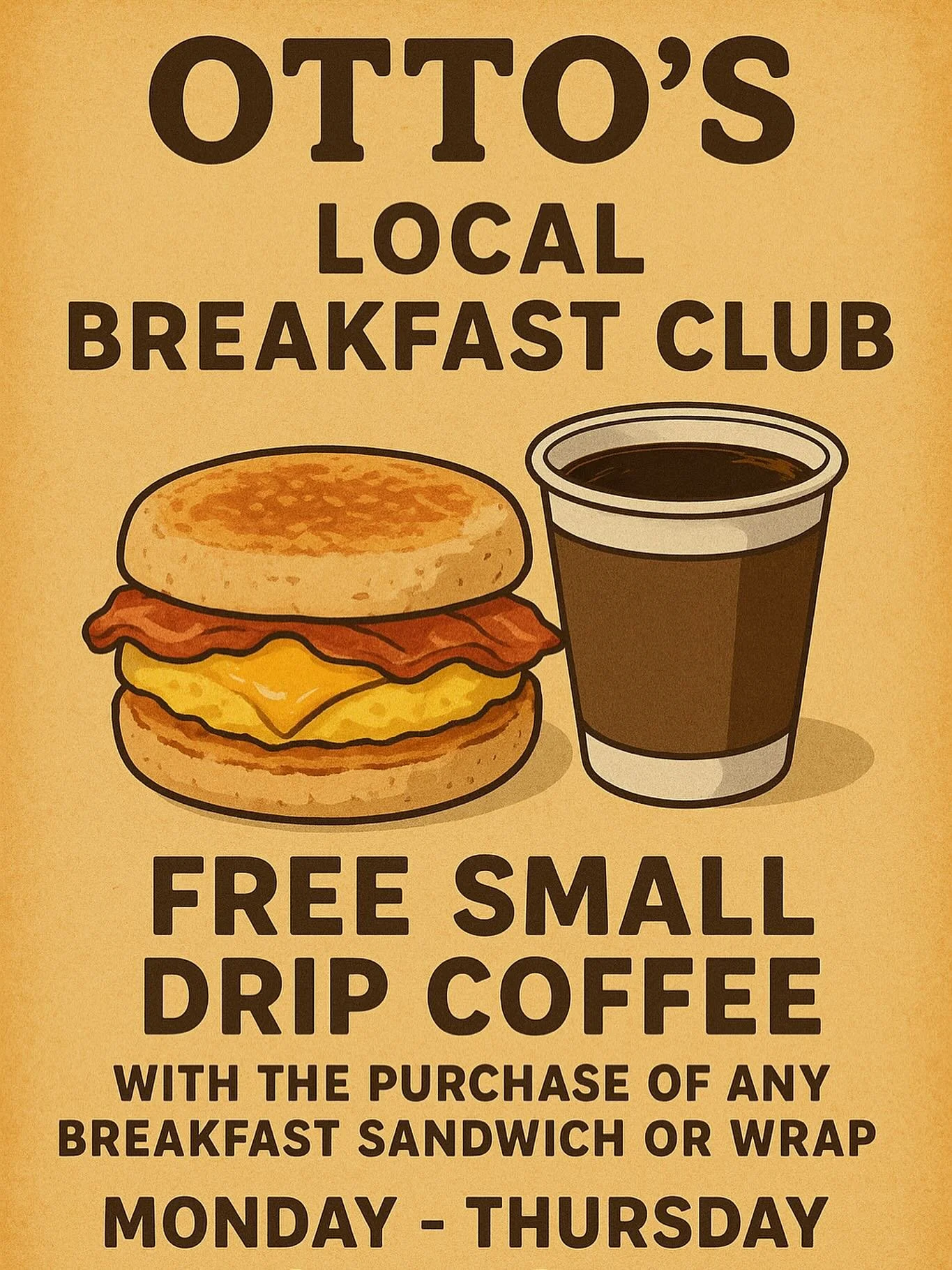 Big News for the Otto&rsquo;s weekday warriors! 

Monday-Thursday mornings until Noon enjoy a free small drip coffee with any breakfast sandwich or wrap. 

Warm up your weekday mornings with us!

Will we see you this week? 

#locallove #germantown #h