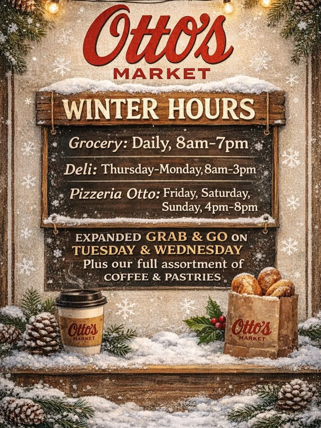 It&rsquo;s that time of year when cold settles in and everything slows down. 

To that end, we will be seasonally adjusting our hours to better fit the current volume starting Monday, 1/12. 

Grocery, coffee and pastry will be business as usual daily