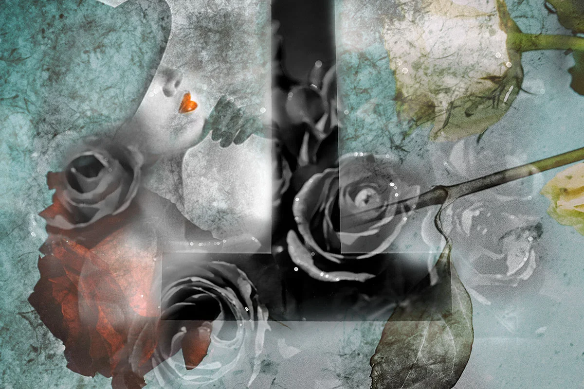 A collage of a girl with orange lips, superimposed over roses and leaves with a textured background, blending colors and elements.