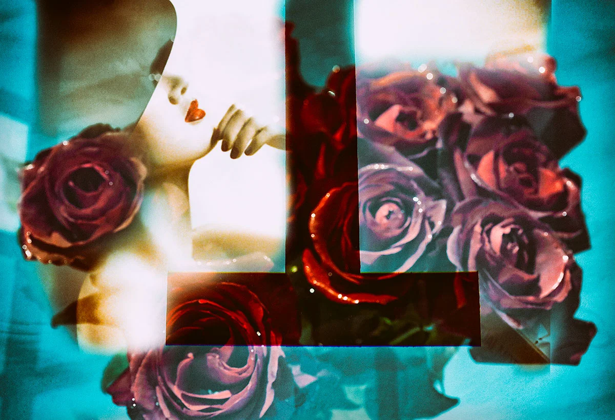 A collage of a mannequin with painted lips and a hand, red roses, and a geometric overlay.