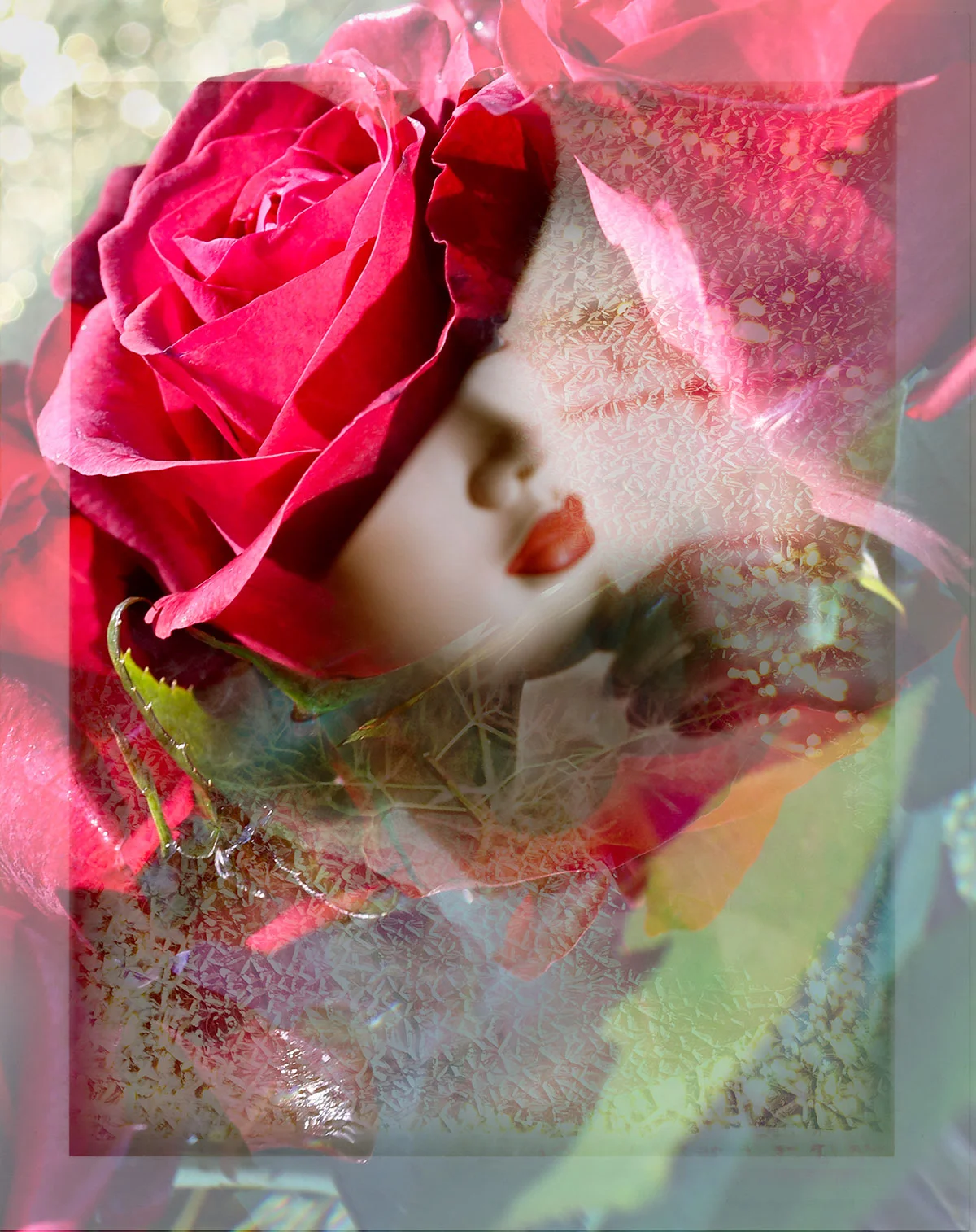 A surreal composition of a mannequin face with lips, partially wrapped in pink and red roses, with a textured overlay and reflections.