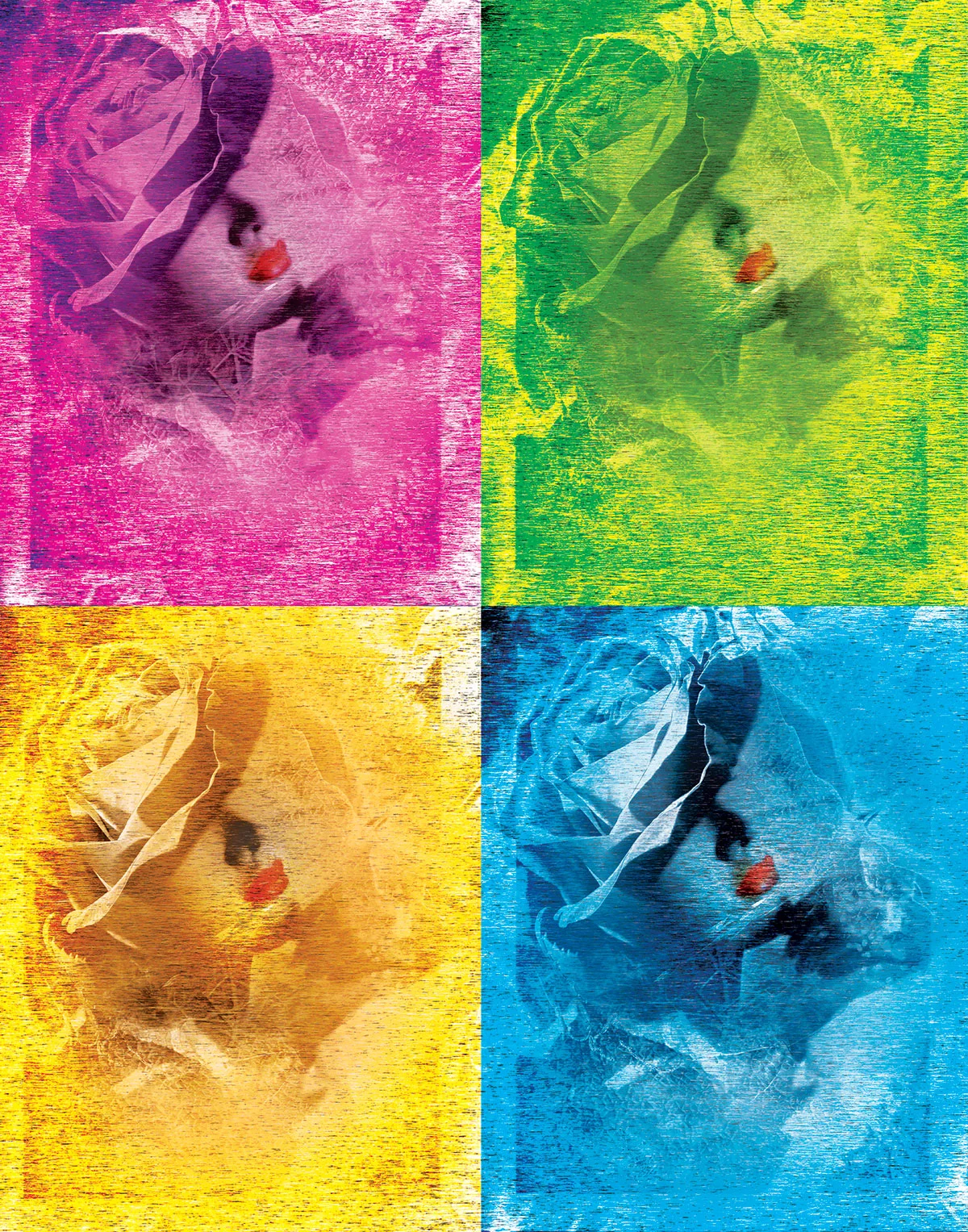 Digital pop art image of a woman's face with red lips, divided into four quadrants with different color overlays: pink, green, yellow, and blue, featuring a textured, vintage style.