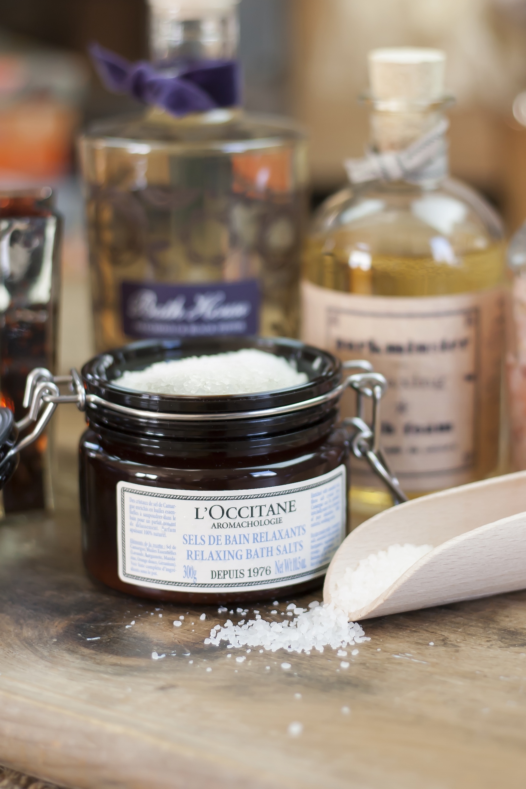 L'Occitane toiletries, relaxing bath salts.
