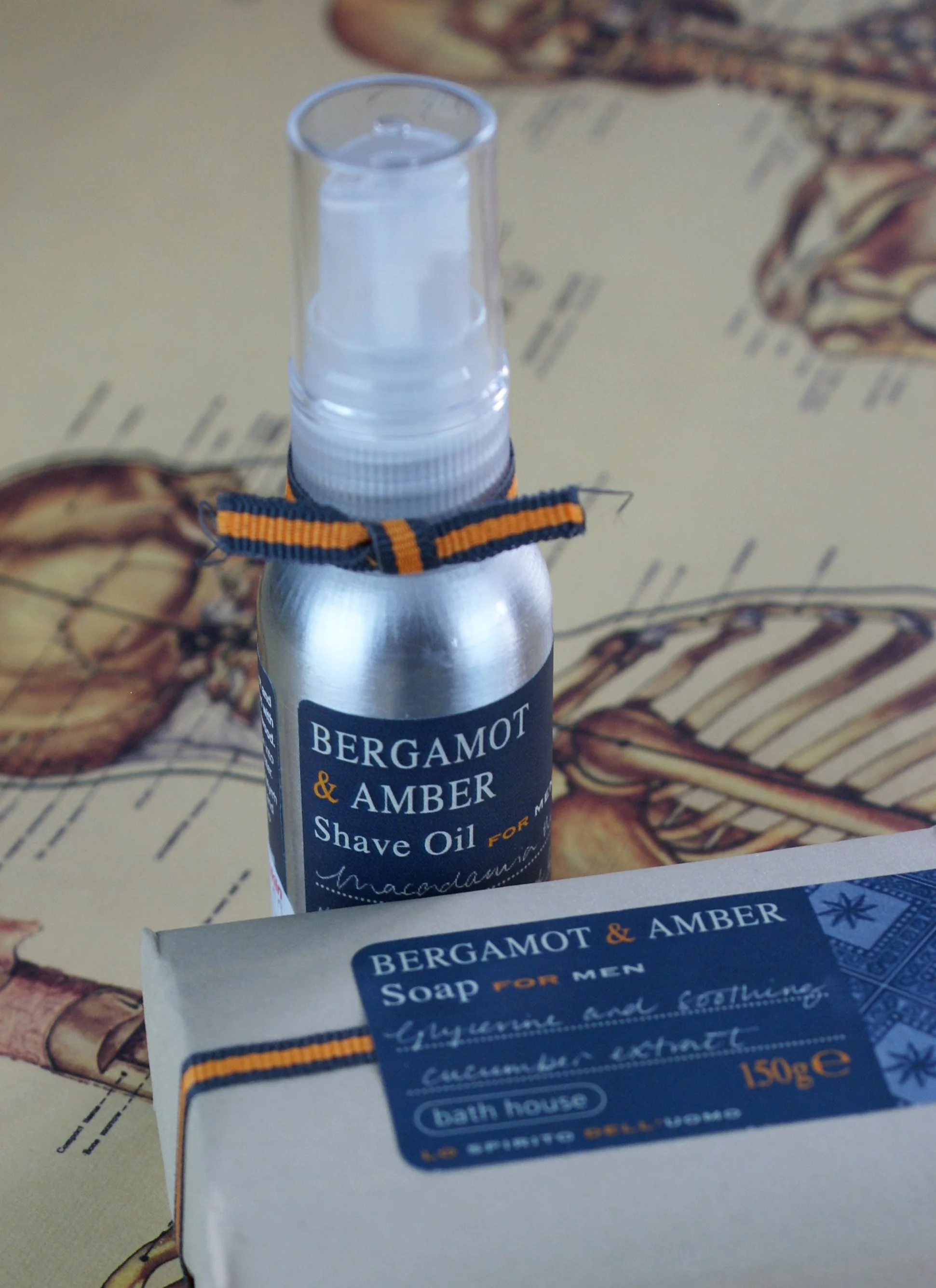 Bath House shave oil and bergamot and amber soap bar.