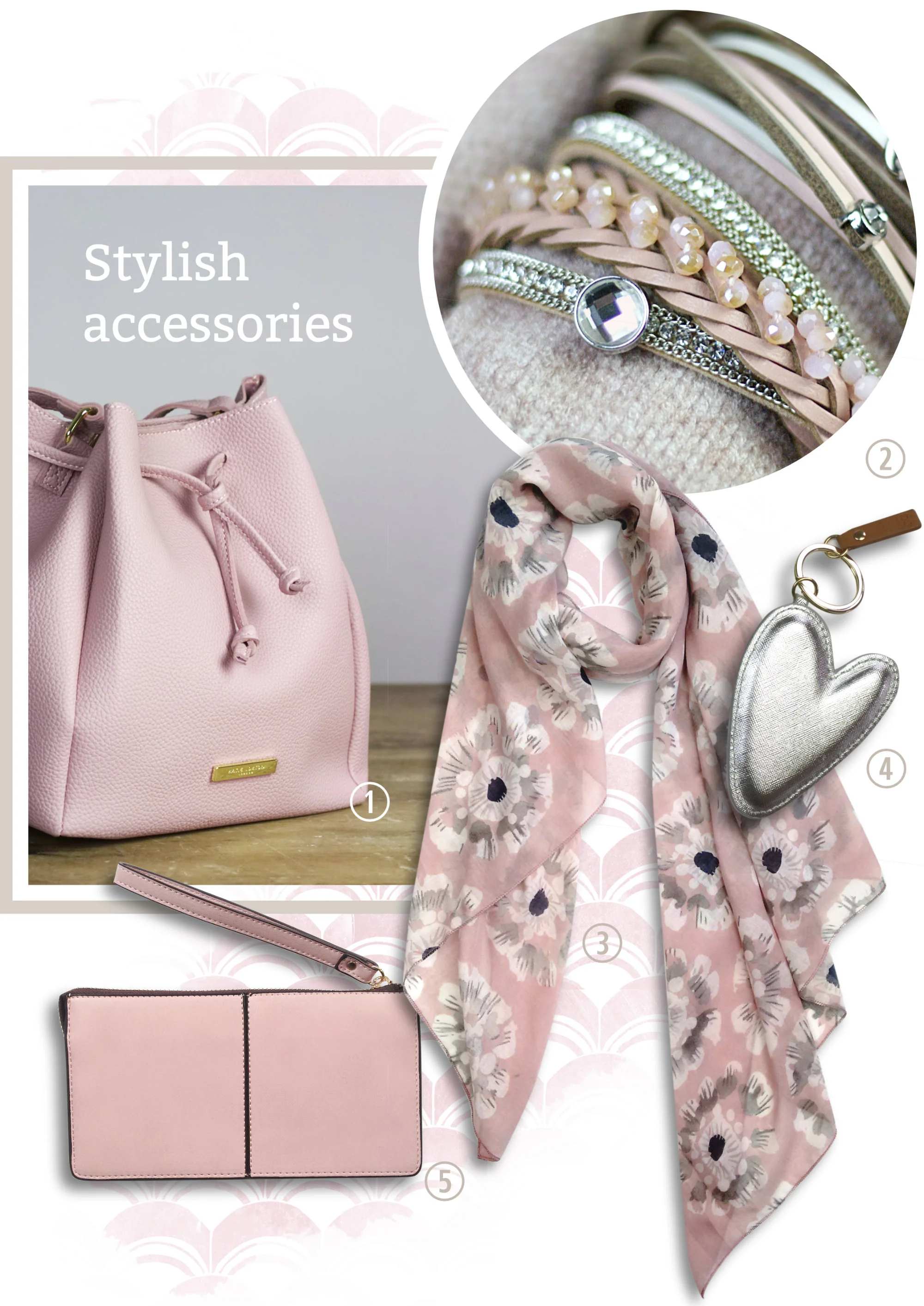Stylish accessories. A pink handbag and purse, a scarf and bracelets.