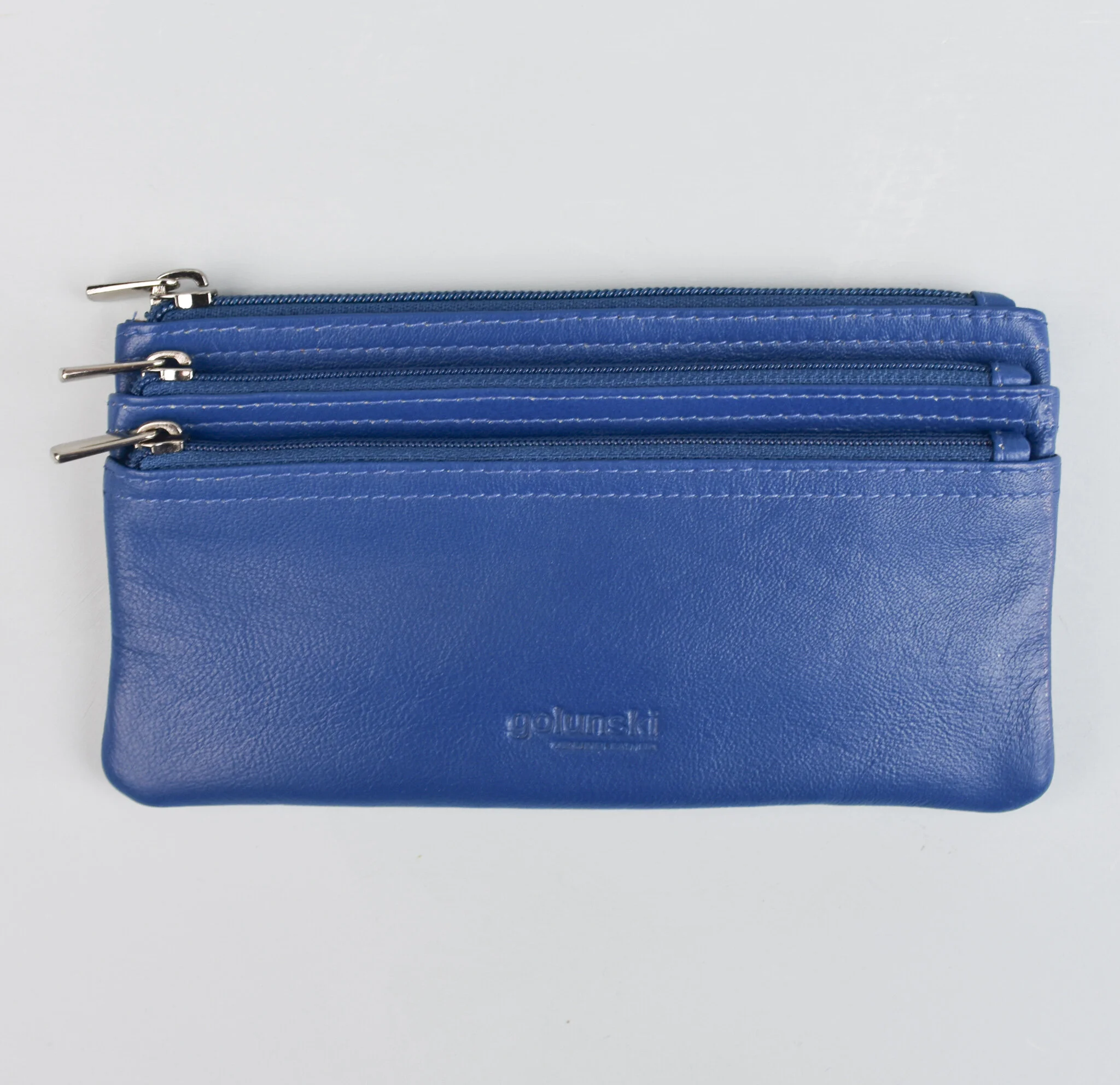 Blue 3-zip coin purse by Golunski