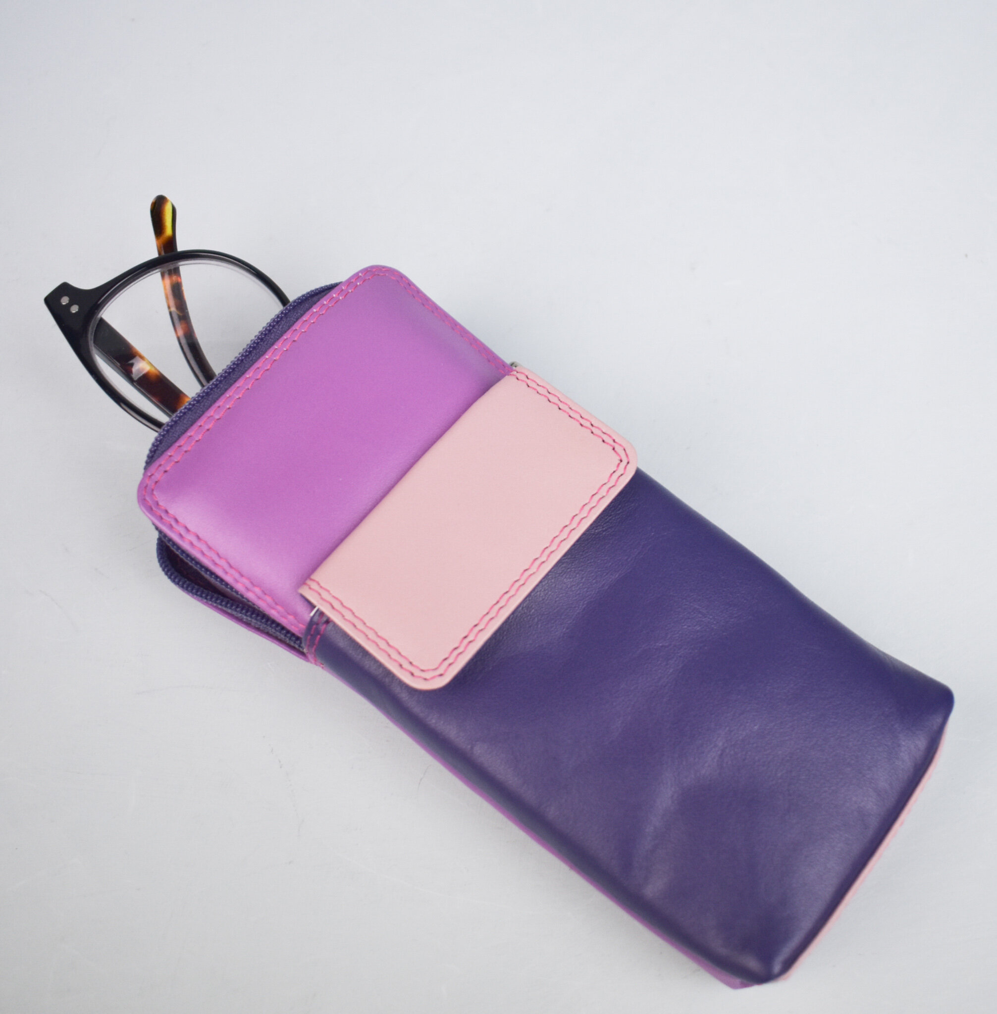 Blue &amp; purple leather glasses case, by Golunski