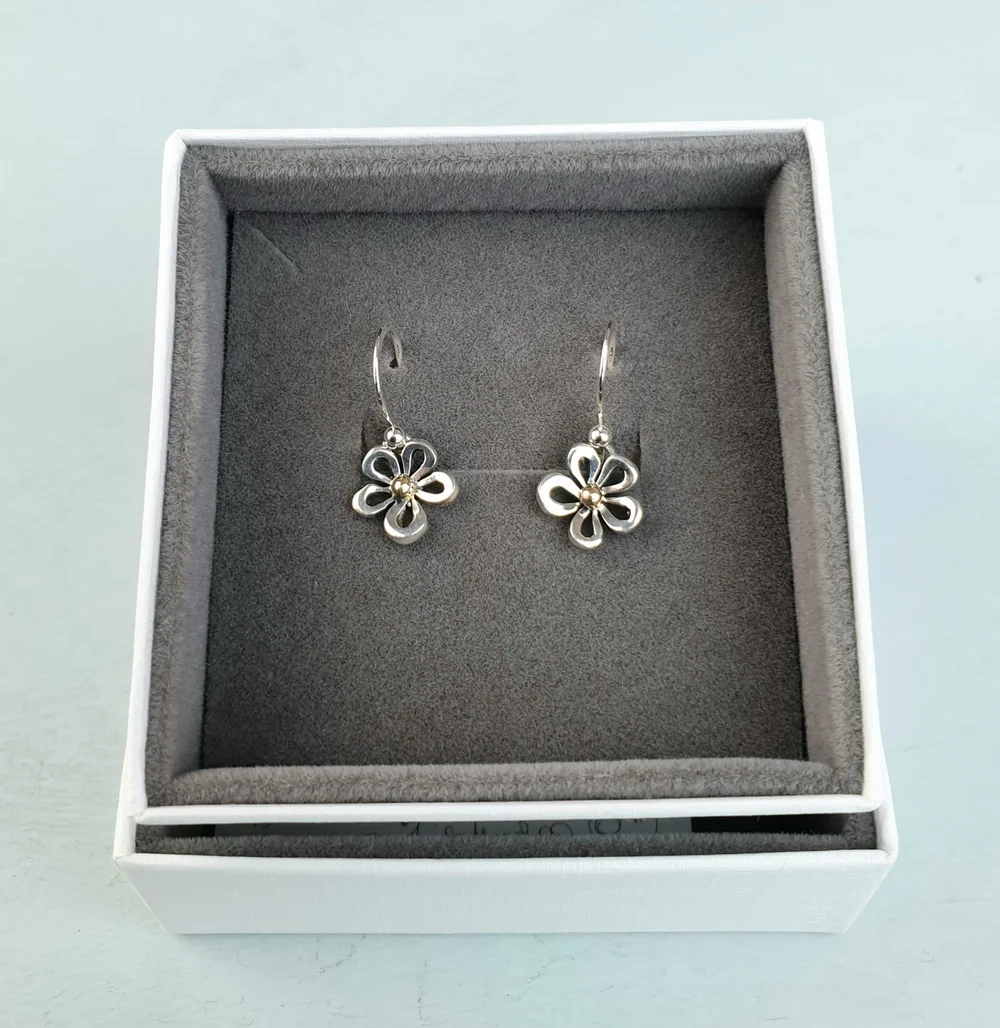 Silver Flower Drop Earrings With Gold Detail By Linda Macdonald The Bottle Kiln