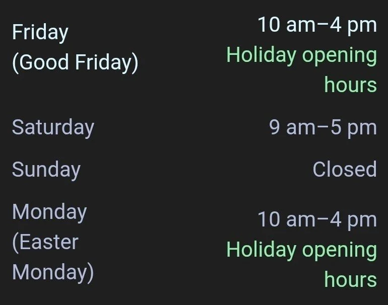 Our Easter opening hours. 
We hope you have an amazing weekend and fingers crossed for some sunshine.... please