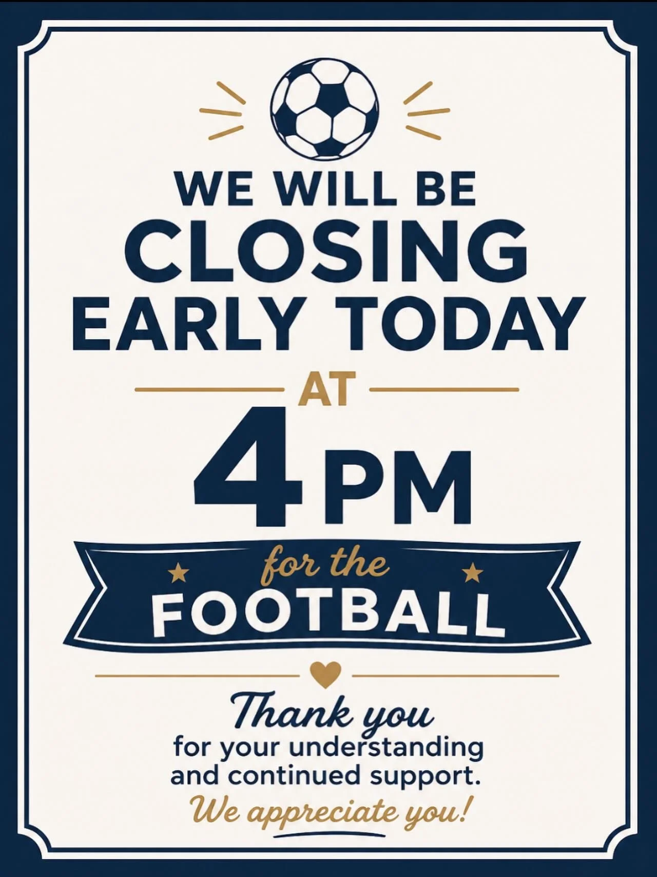 We will be closing an hour early today at 4 pm on 1st July 2026 to support our National Team. 🏴󠁧󠁢󠁥󠁮󠁧󠁿
