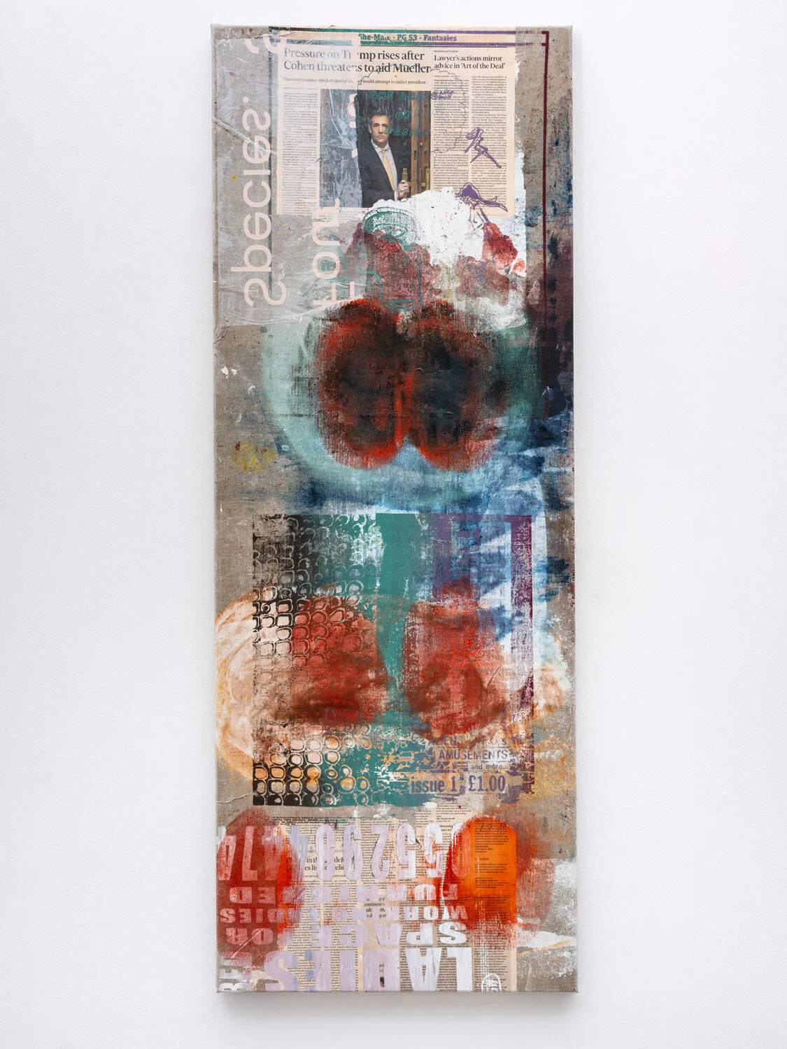  Mandy El-Sayegh, Proofs (six), 2021. Oil on silkscreened linen and collaged elements, 55.12 × 20.47 inches. Courtesy the artist and Lehmann Maupin.     