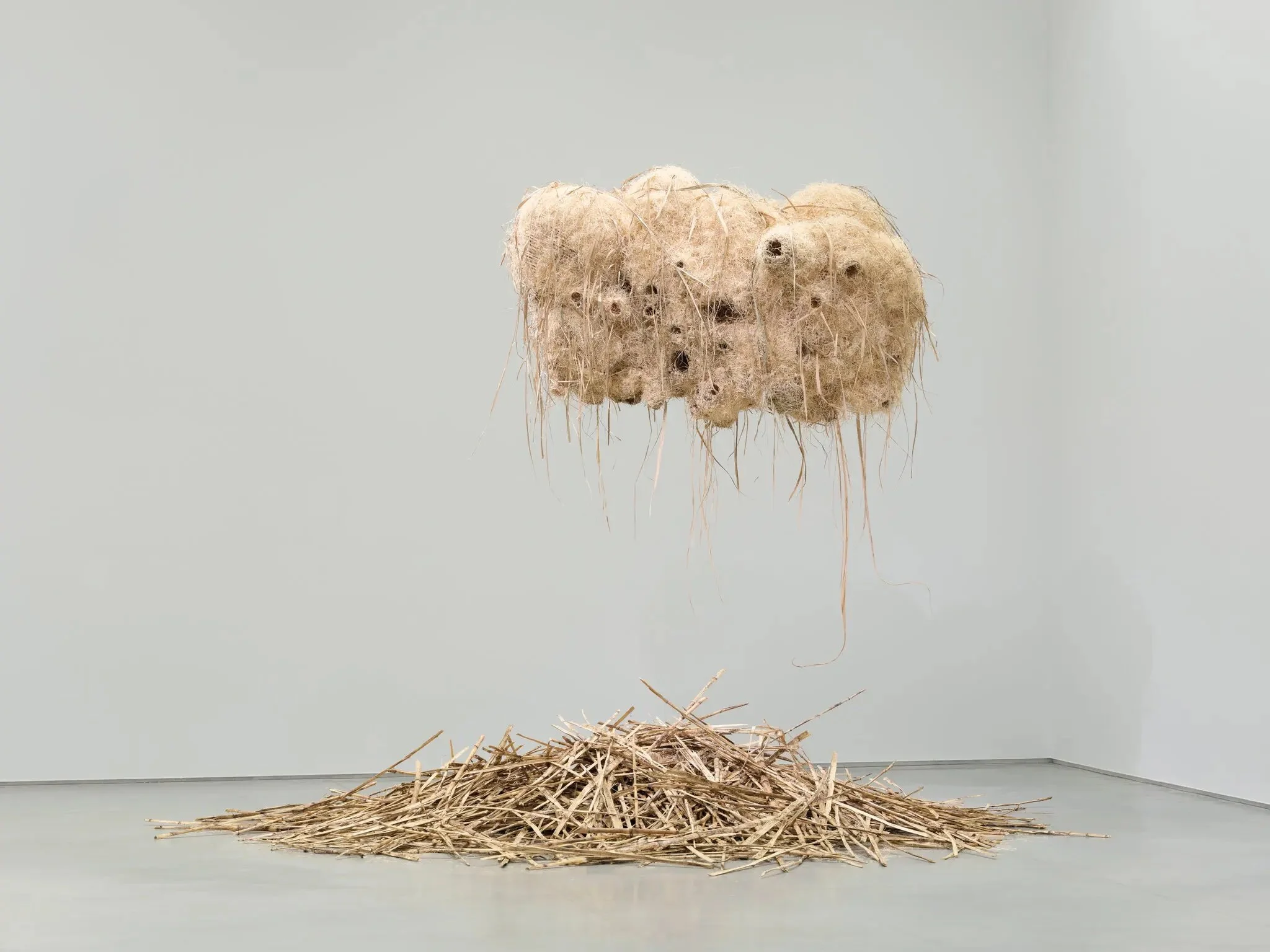 Andrea Chung’s “House of the Historians" (2022), constructed from sugarcane bark and leaves, sweetgrass, excelsior and floral twine.Credit...Sebastian Bach, via Ford Foundation Gallery