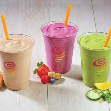 Jamba Juice smoothies in compostable plastic cups.