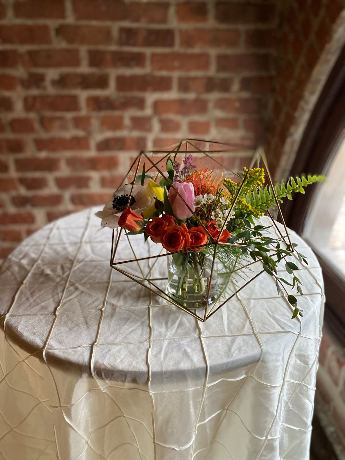 nectar&bloom-nectarandbloomny-Cheryl&Malcolm-Deity-Brooklyn-NY-Spring-Wedding-Yellow-Orange-Pink-Geometric-Cage-Centerpiece.JPG