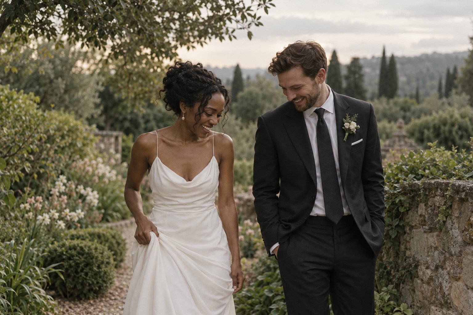 AI-generated illustration of a bride and groom laughing together on a garden path.