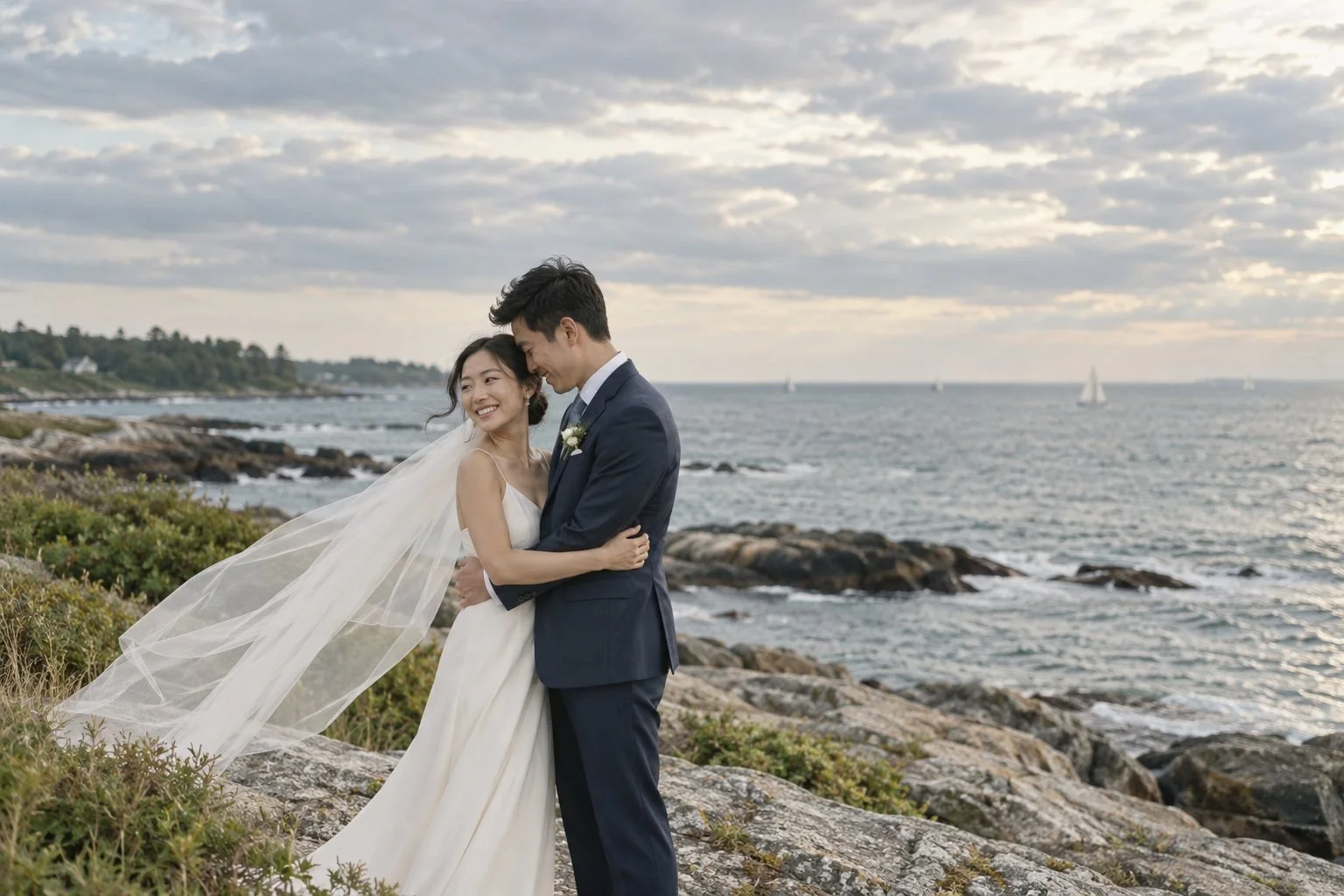 AI-generated illustration of a bride and groom embracing beside a rocky shoreline.