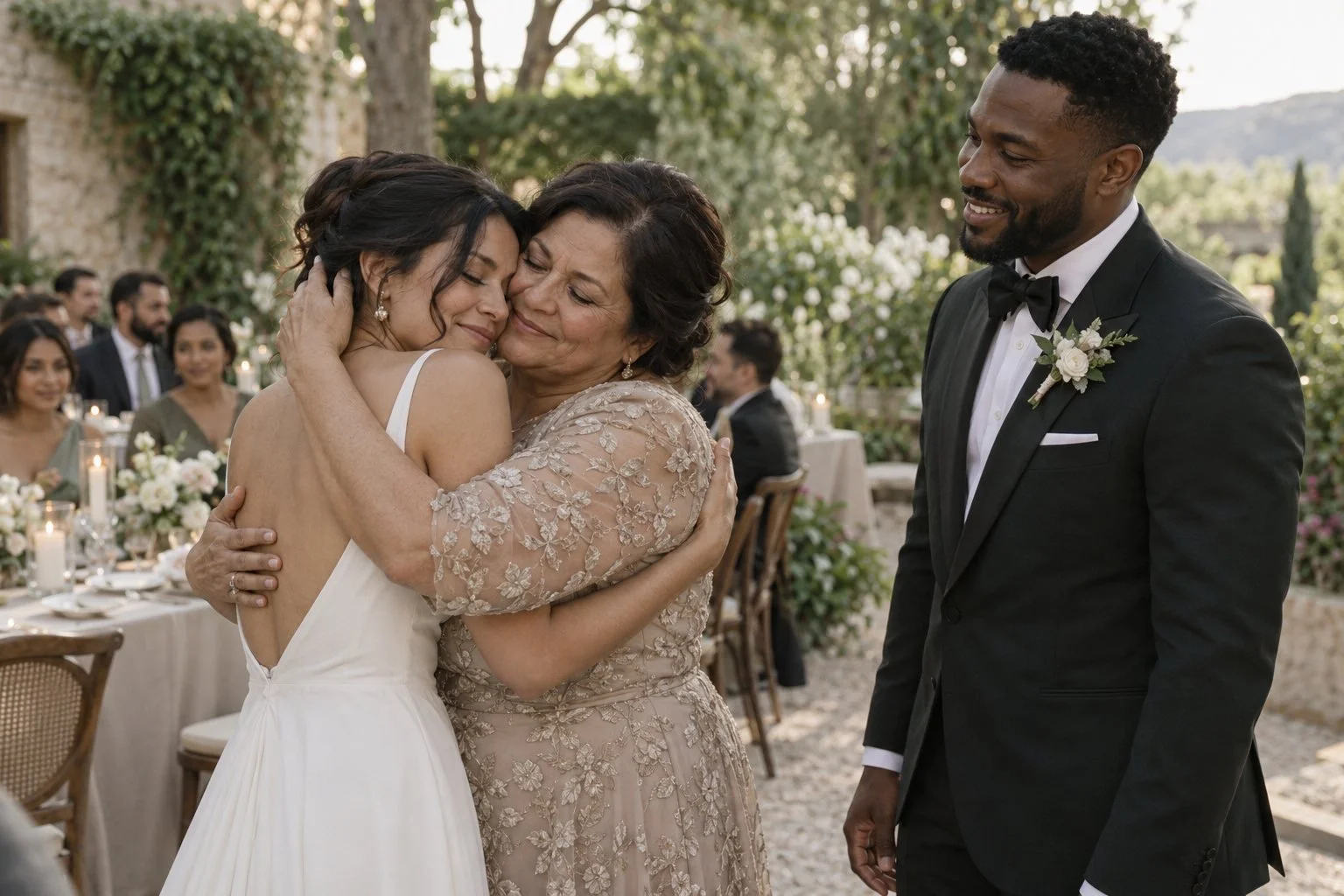 AI-generated illustration of a bride embracing her mother as the groom smiles at a garden reception.