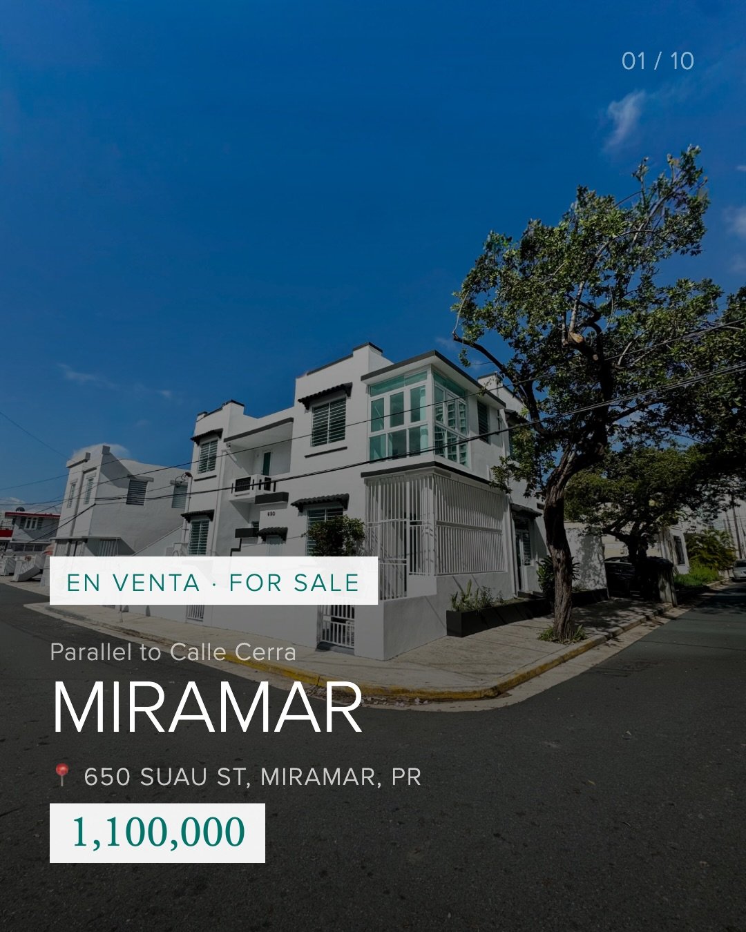 🔑Nueva propiedad en venta en Miramar
📍 650 Suau St, Miramar, PR {Paralela a Calle Cerra}
💰 Precio de venta: $1,100,000
 🏢 6 unidades
 ❄️ Unidades acondicionadas
 📐 217 m&sup2; de solar
 📍 Esquina
 🚫 Sin estacionamiento

Descubre esta propiedad