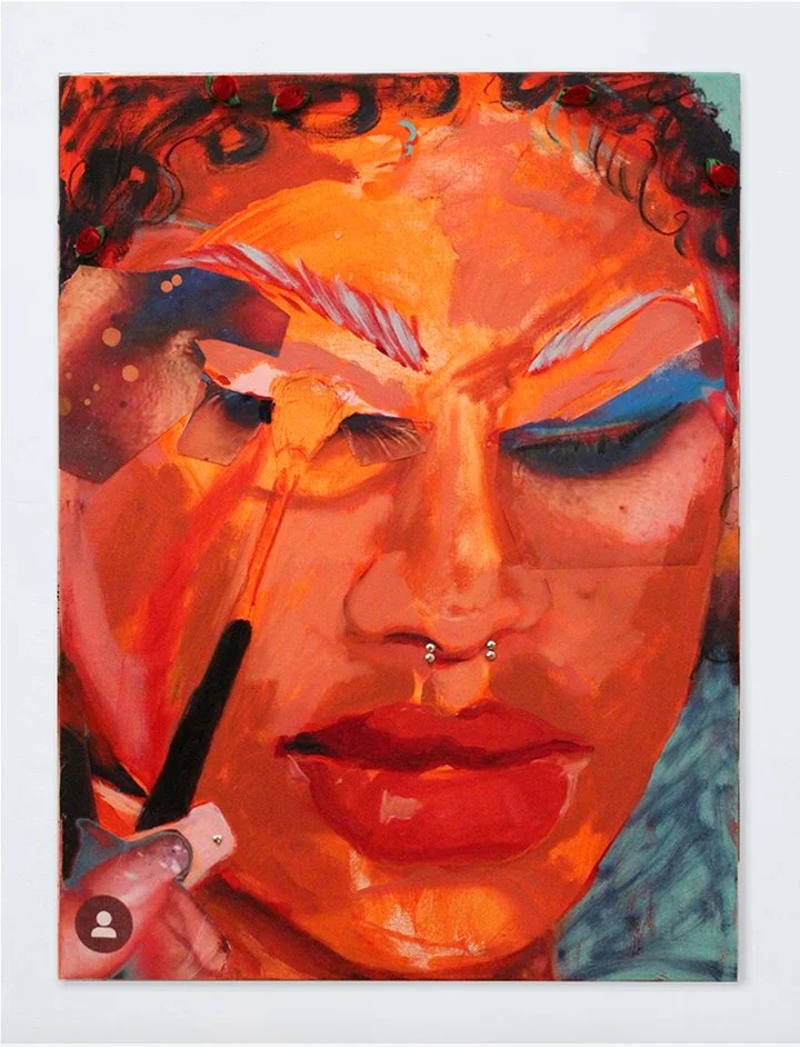  Powder  Oil paint, pastel, printed image, and rhinestone on canvas  18”x24”  2023 