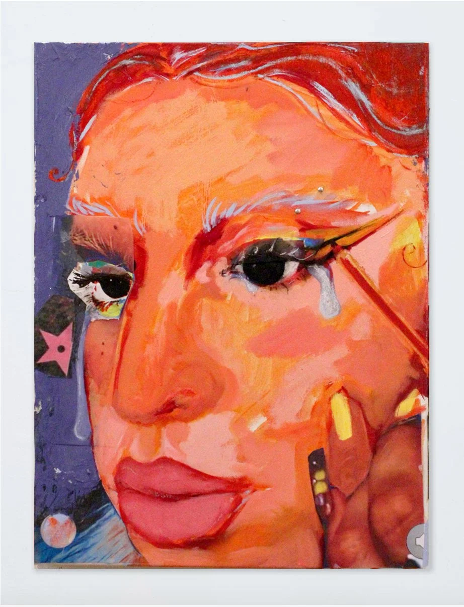  Liner  Oil paint, pastel, printed image, and rhinestone on canvas  18”x24”  2023 