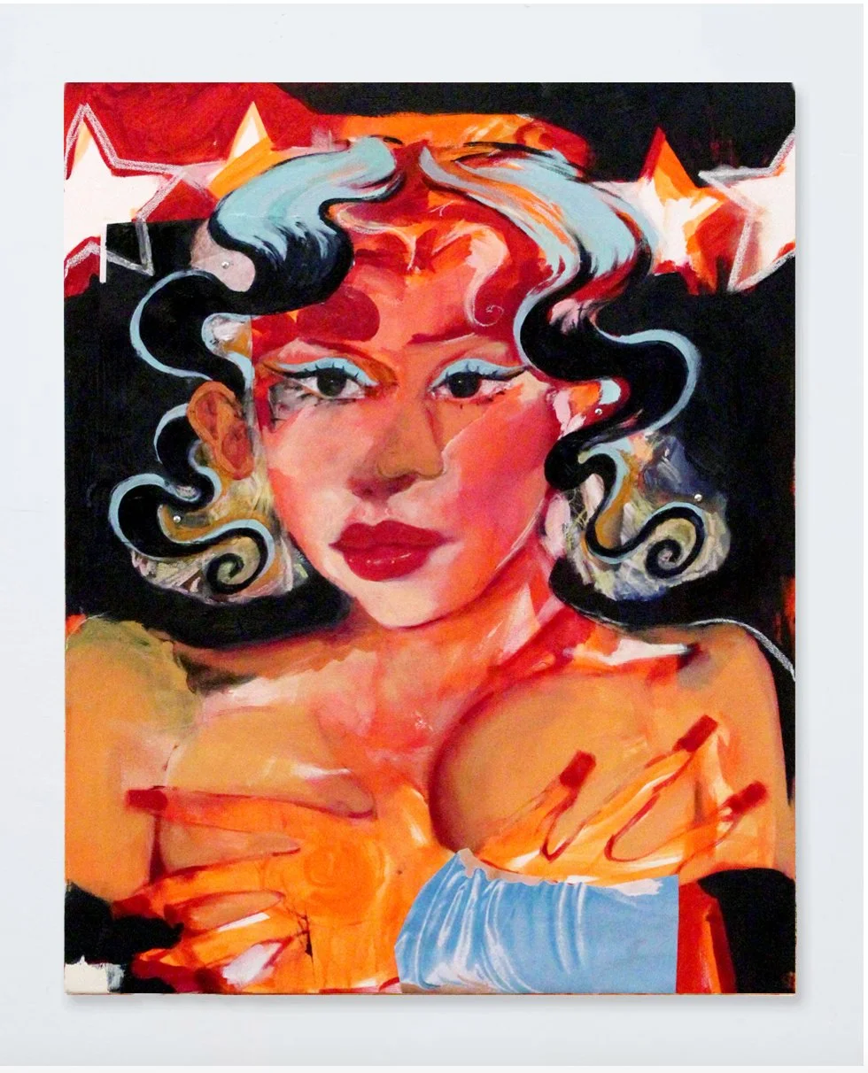  Star Struck  Oil paint, spray paint, chalk pastel, charcoal, found objects, hot glue, and printed image on canvas&nbsp;  20”×30”  2023 