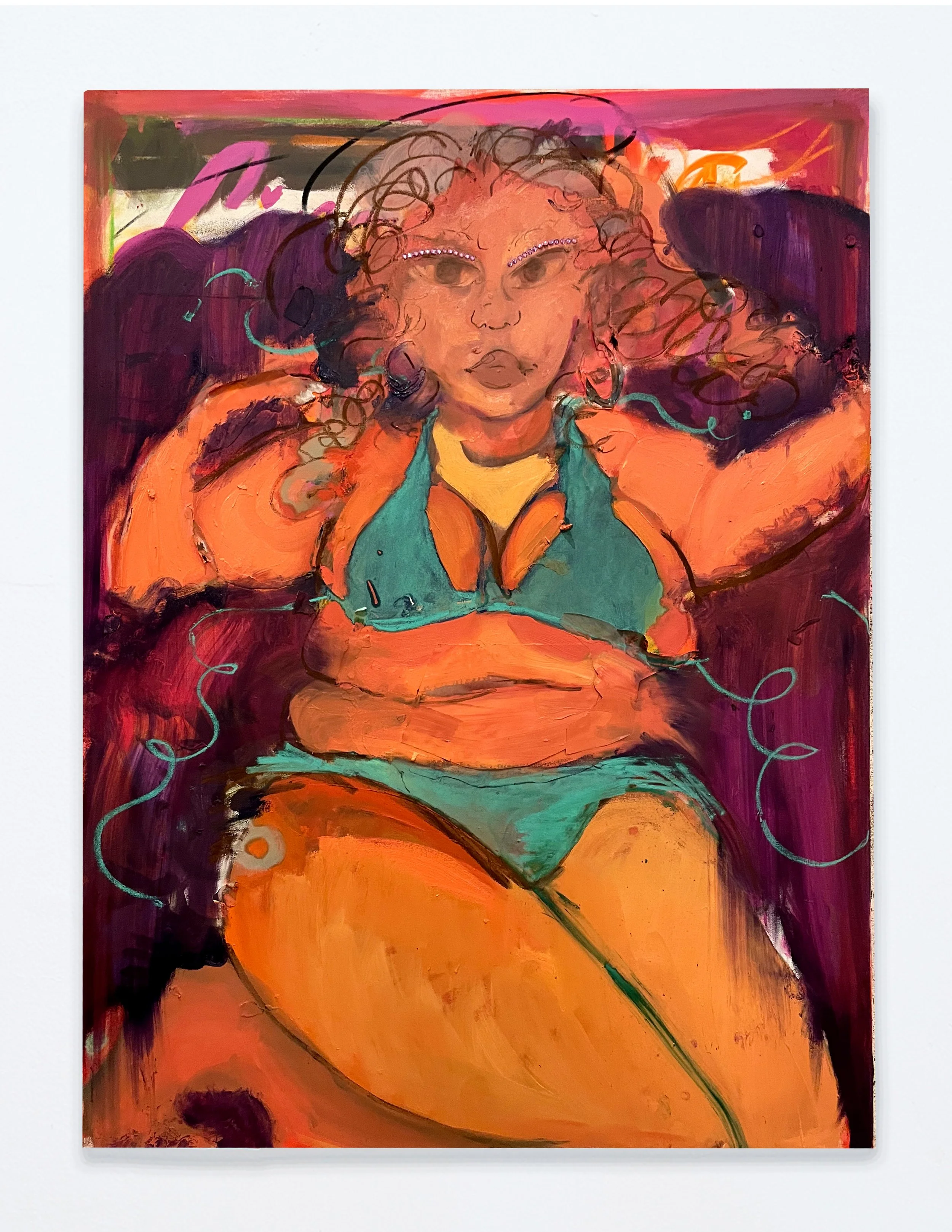  Velvet Angel  2026  Oil paint, spray paint, chalk pastel, charcoal, and printed image on canvas&nbsp;  36”x48”  $1500 