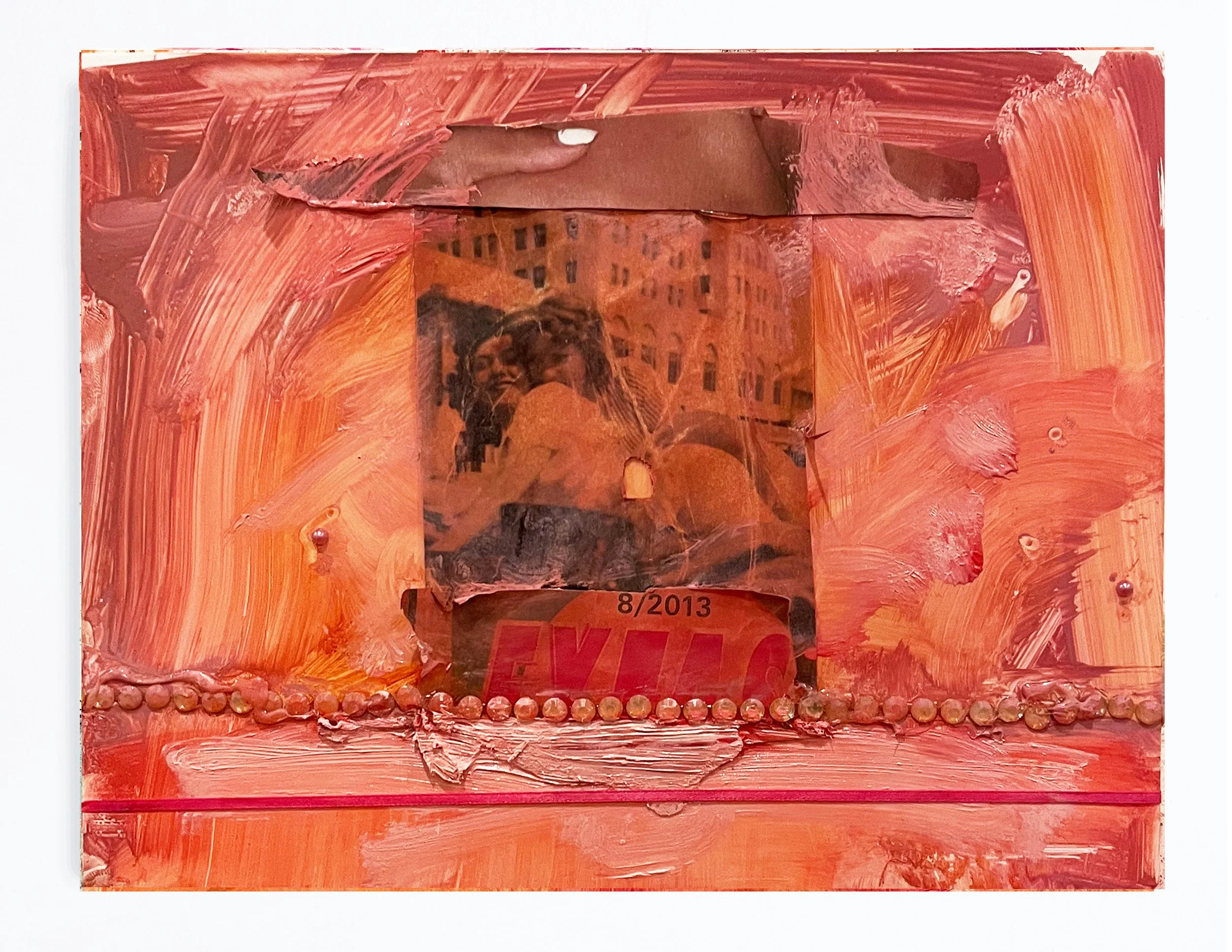  Study 1  Oil paint, pastel, printed image, and rhinestones on canvas  6×8  2025 