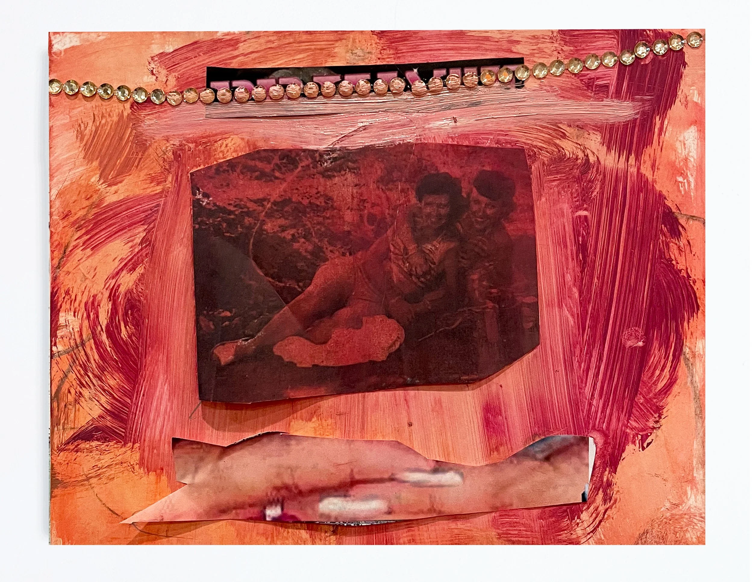  Study 2  Oil paint, pastel, printed image, and rhinestones on canvas  6×8  2025 