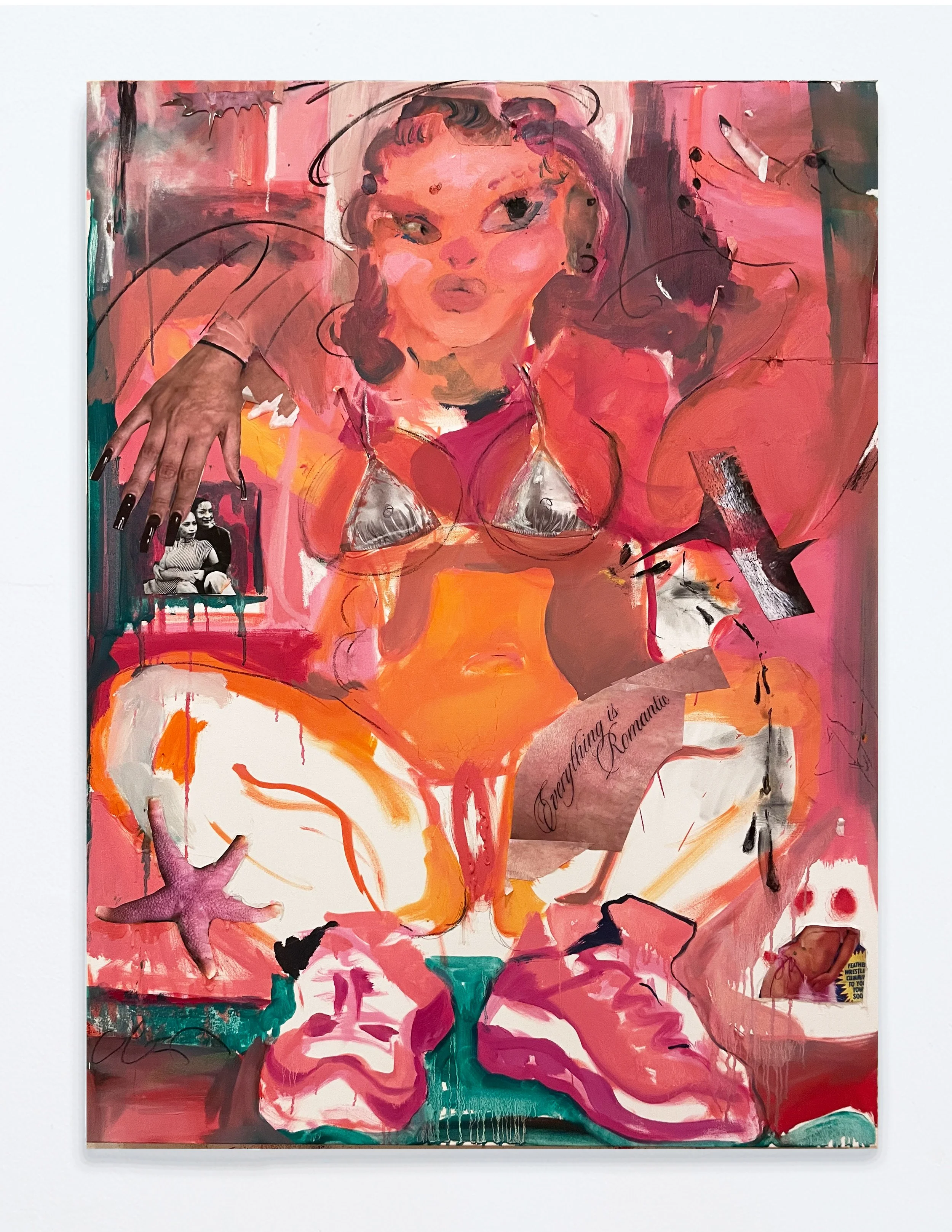  Everything is Romantic  Oil paint, chalk pastel, charcoal, and printed image on canvas  36”x48”  2026 
