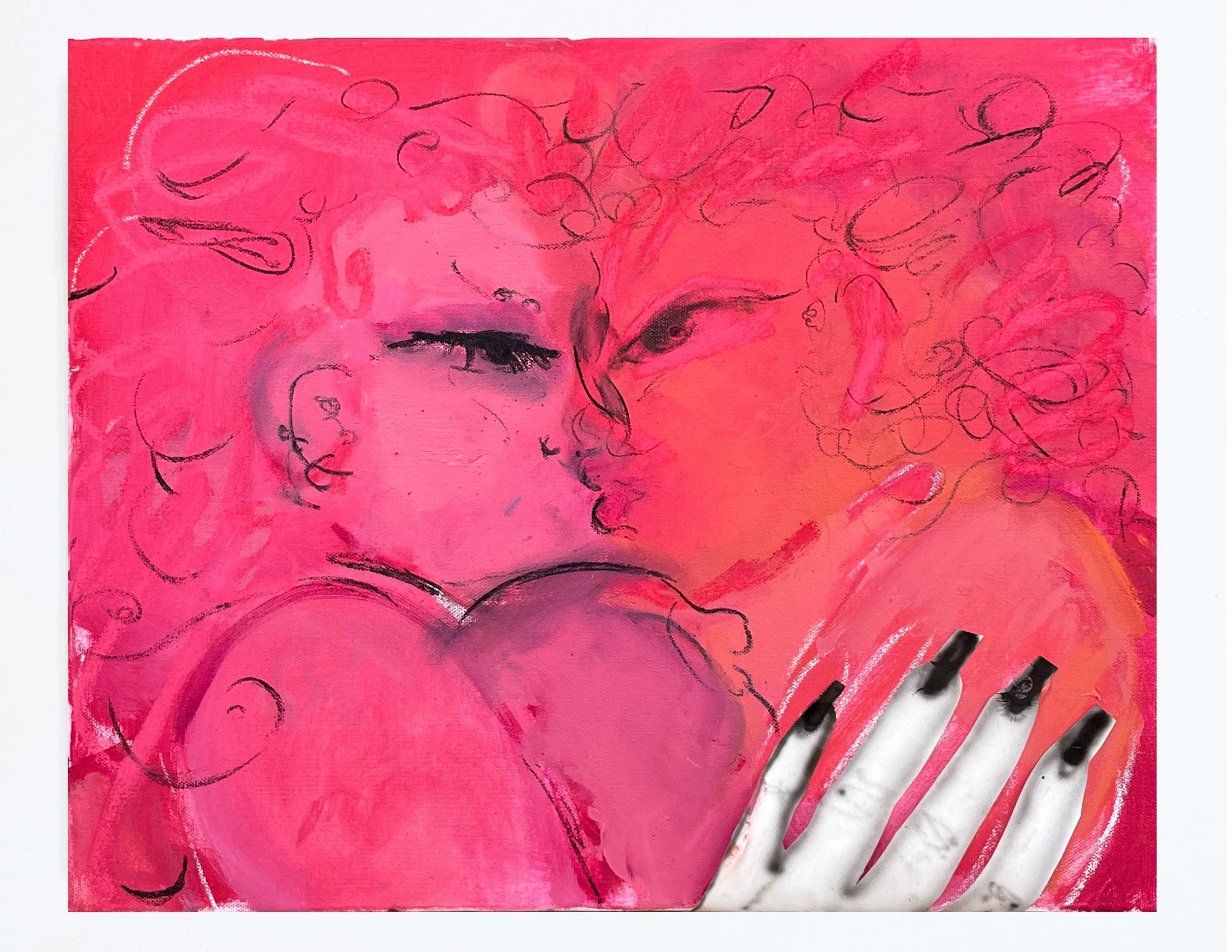  Cupid Kiss  Oil paint, charcoal, chalk pastel, airbrush, and paper on canvas  18”x20”  2025 