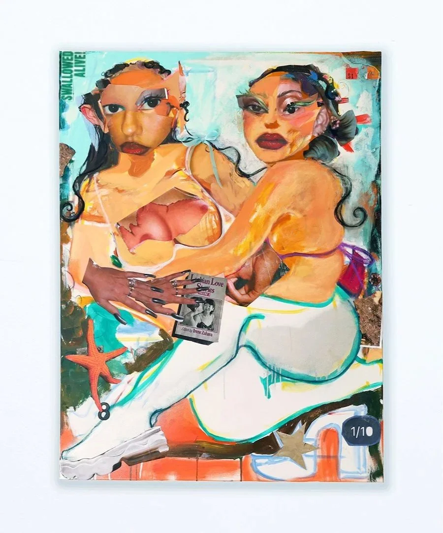   Low Tide   2024  Oil paint, spray paint, chalk pastel, charcoal, and printed image on canvas&nbsp;  36”x48” 