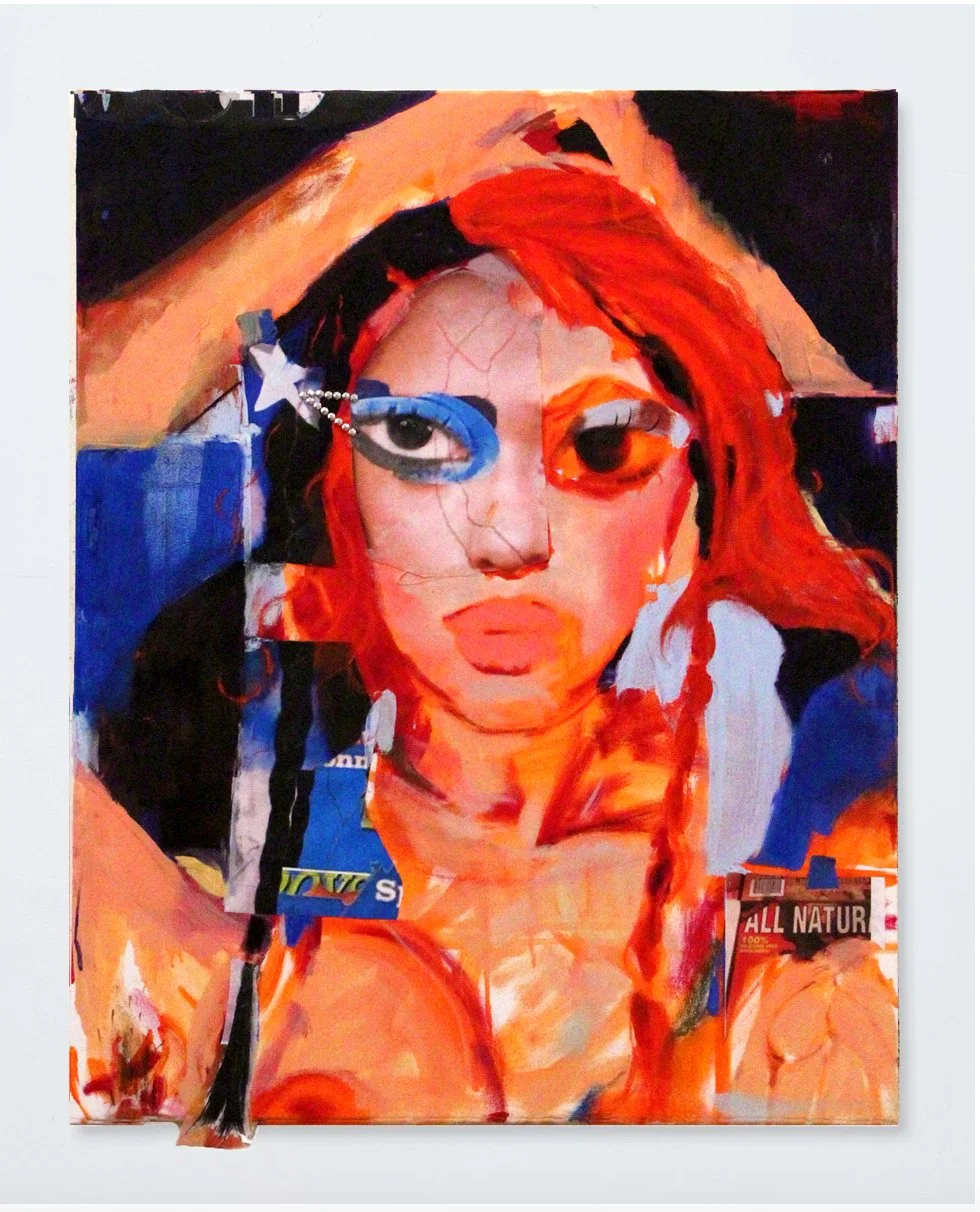  Night Gaze  Oil paint, spray paint, chalk pastel, charcoal, found objects, hot glue, and printed image on canvas&nbsp;  20”×30”  2023 